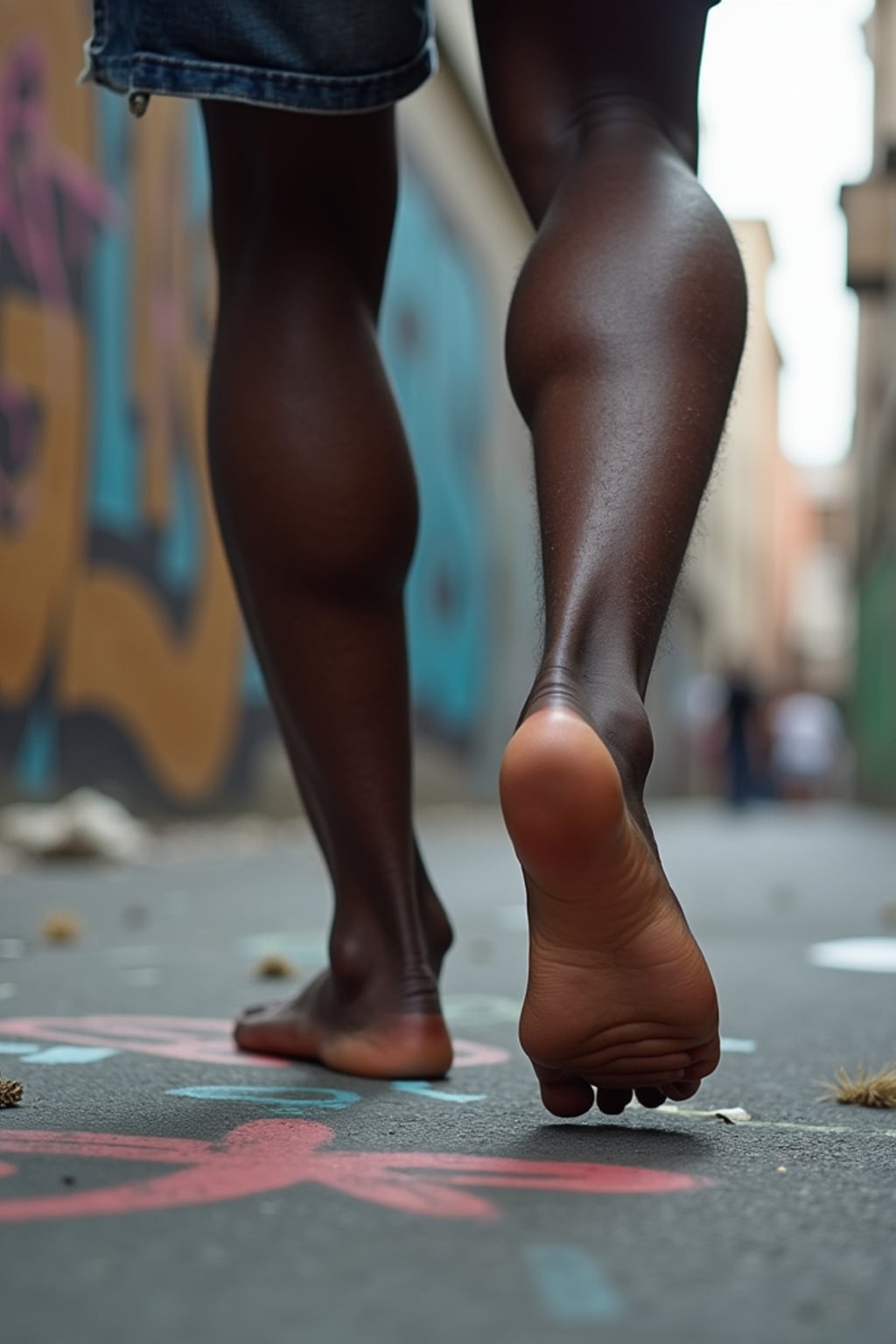 Model's bare feet, walking on a graffiti-covered urban street, capturing the essence of city life, also showing the bottom of feet.