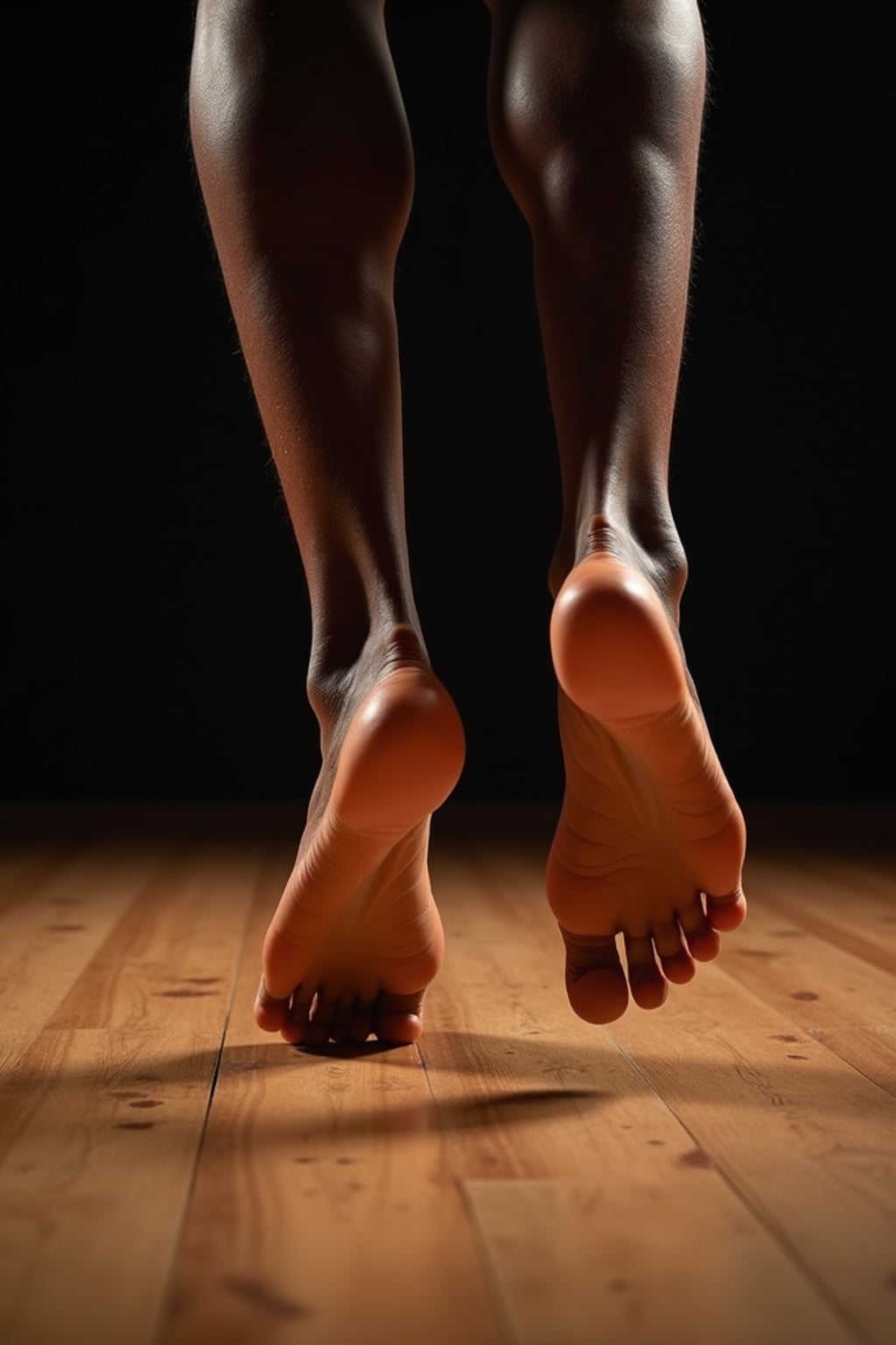 bottom of Model's bare feet, captured mid-dance on a wooden stage, with dramatic lighting highlighting the movement, also showing the bottom of feet.