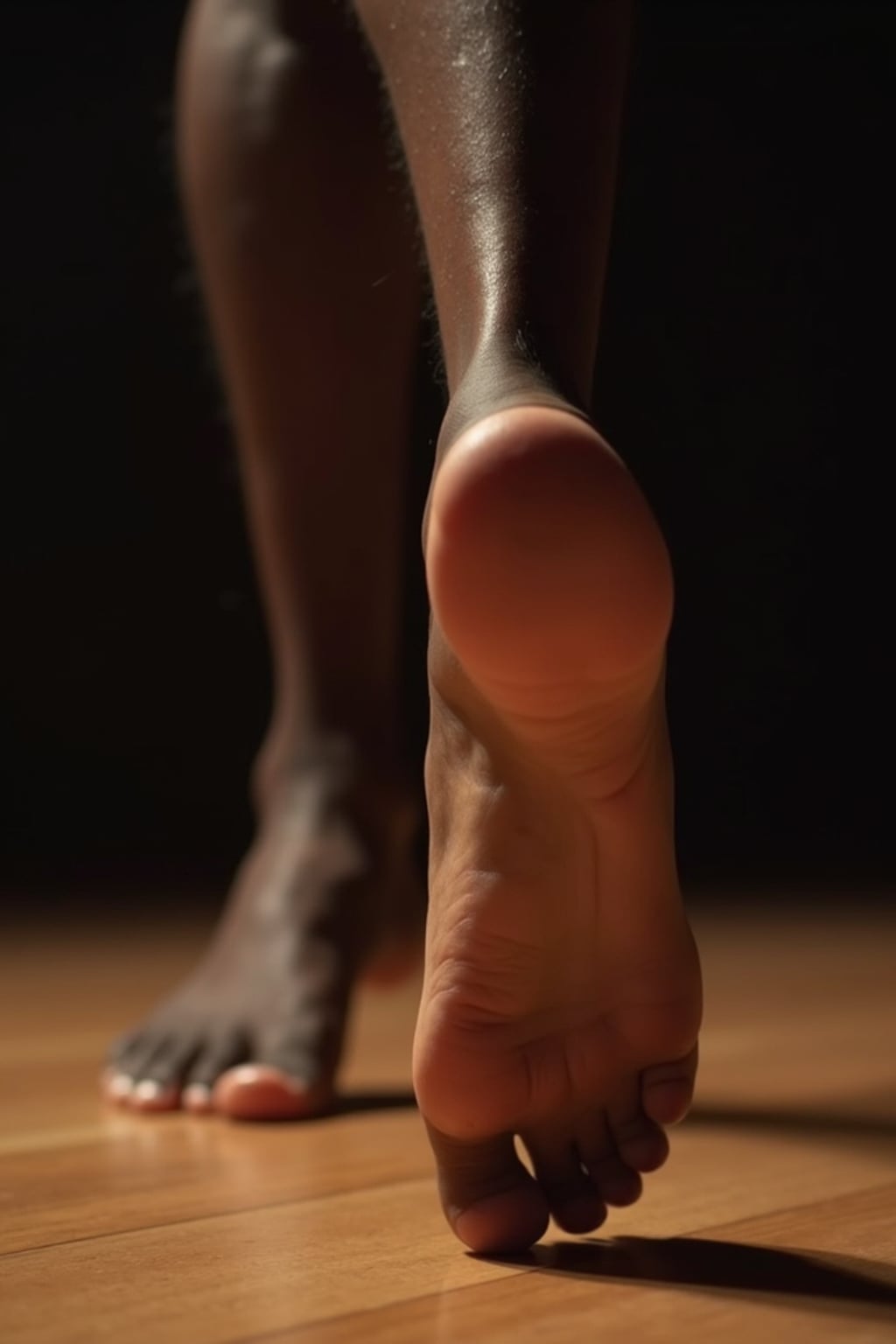 bottom of Model's bare feet, captured mid-dance on a wooden stage, with dramatic lighting highlighting the movement, also showing the bottom of feet.