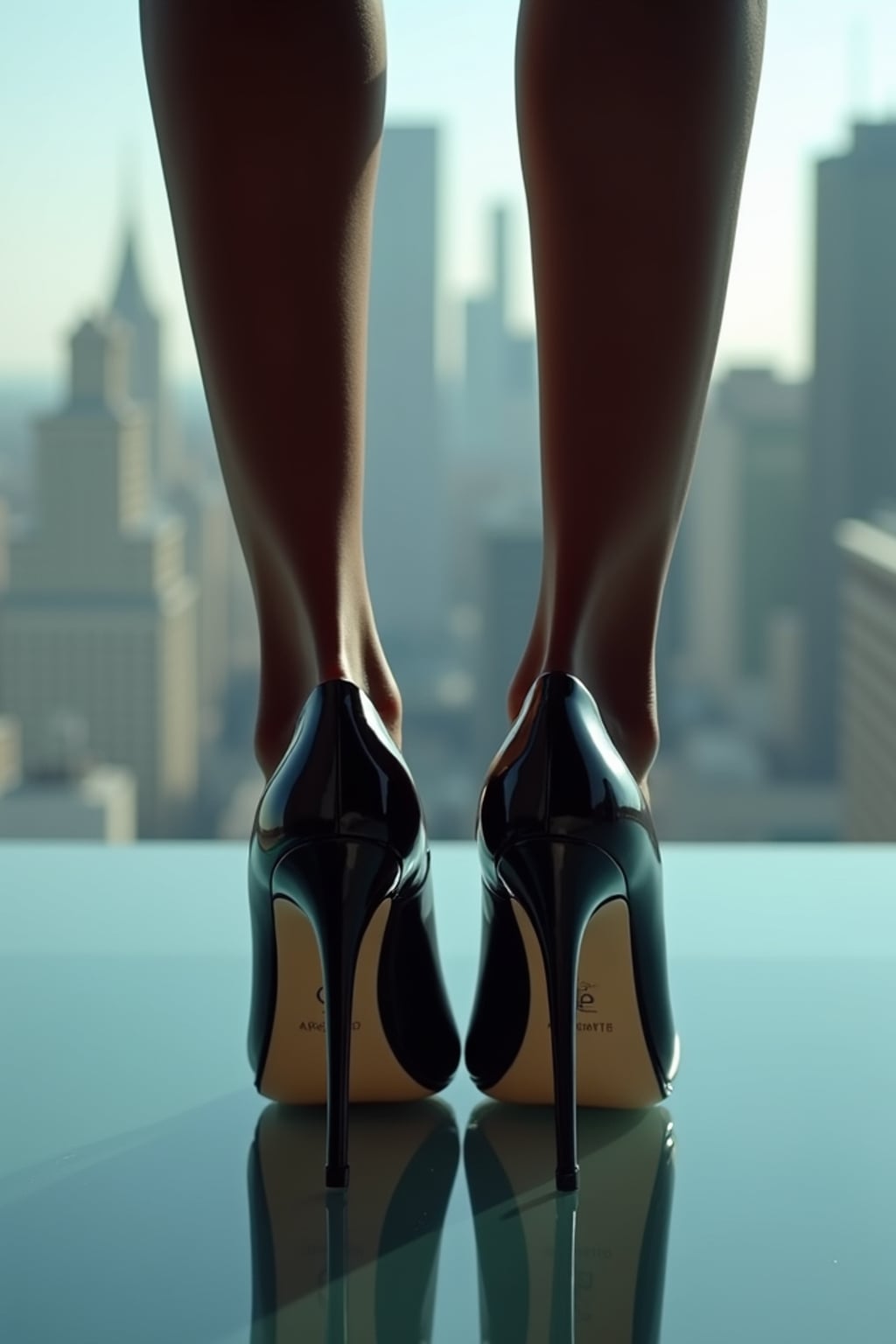 Model's feet in high heels, standing on a glass floor with a view of the city skyline below, creating a dramatic and stylish scene, also showing the bottom of feet.