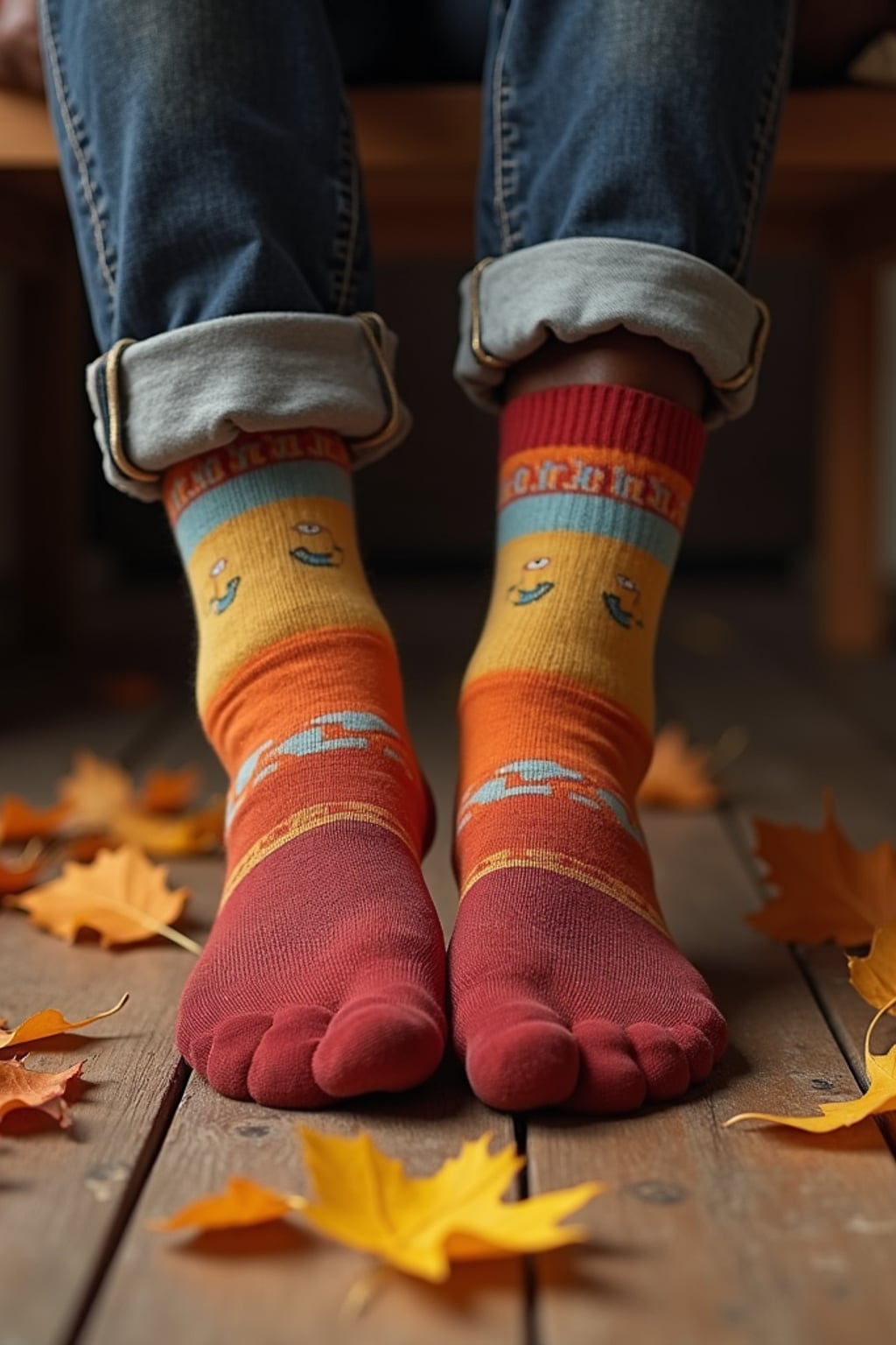 Model's feet in colorful socks, playfully posed on a wooden floor with scattered autumn leaves, evoking a cozy and whimsical vibe, also showing the bottom of feet.