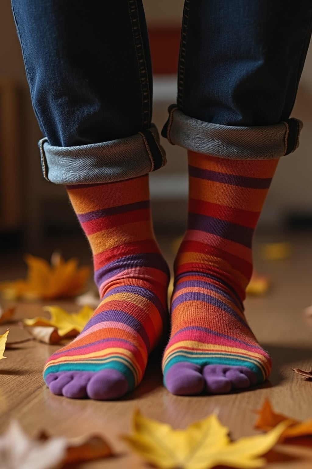 Model's feet in colorful socks, playfully posed on a wooden floor with scattered autumn leaves, evoking a cozy and whimsical vibe, also showing the bottom of feet.