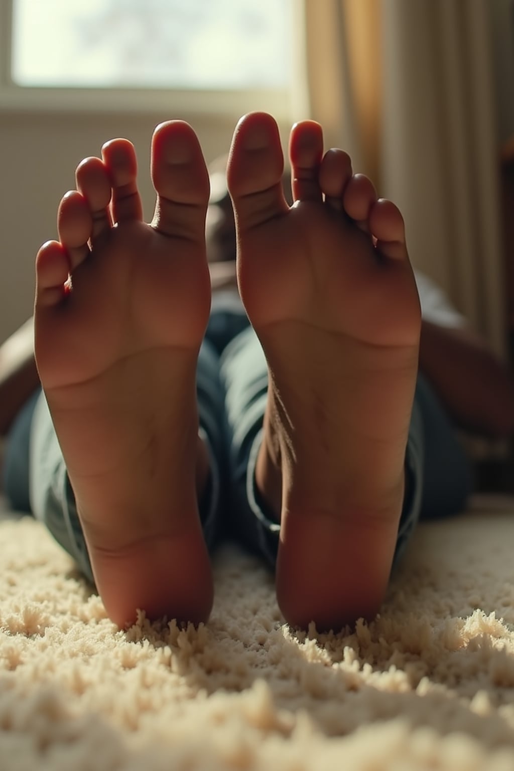 Close-up of man's feet resting on a plush carpet, also showing the bottom of feet, with soft natural light streaming through a nearby window, creating a warm and inviting atmosphere.