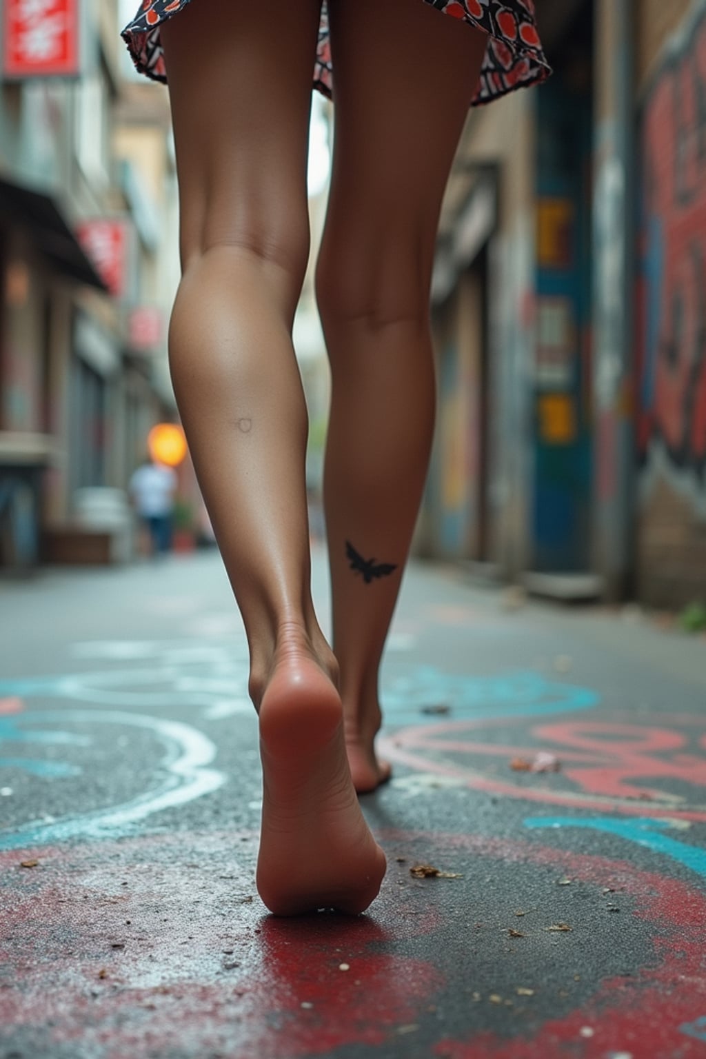 Model's bare feet, walking on a graffiti-covered urban street, capturing the essence of city life, also showing the bottom of feet.