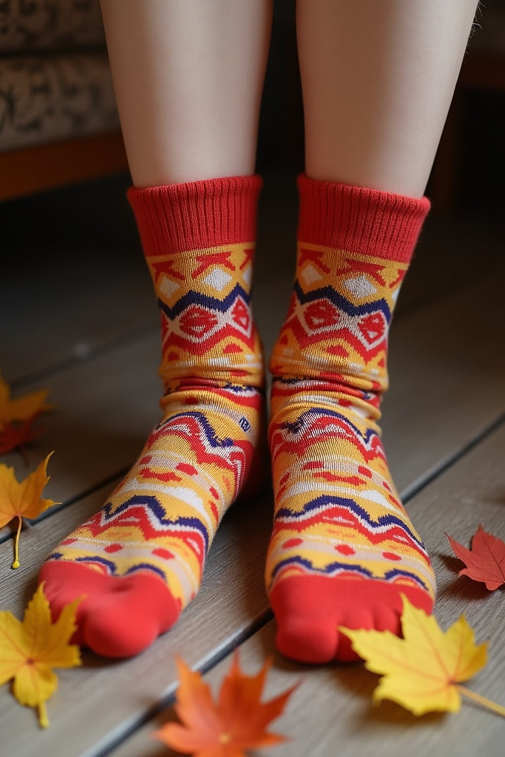 Model's feet in colorful socks, playfully posed on a wooden floor with scattered autumn leaves, evoking a cozy and whimsical vibe, also showing the bottom of feet.