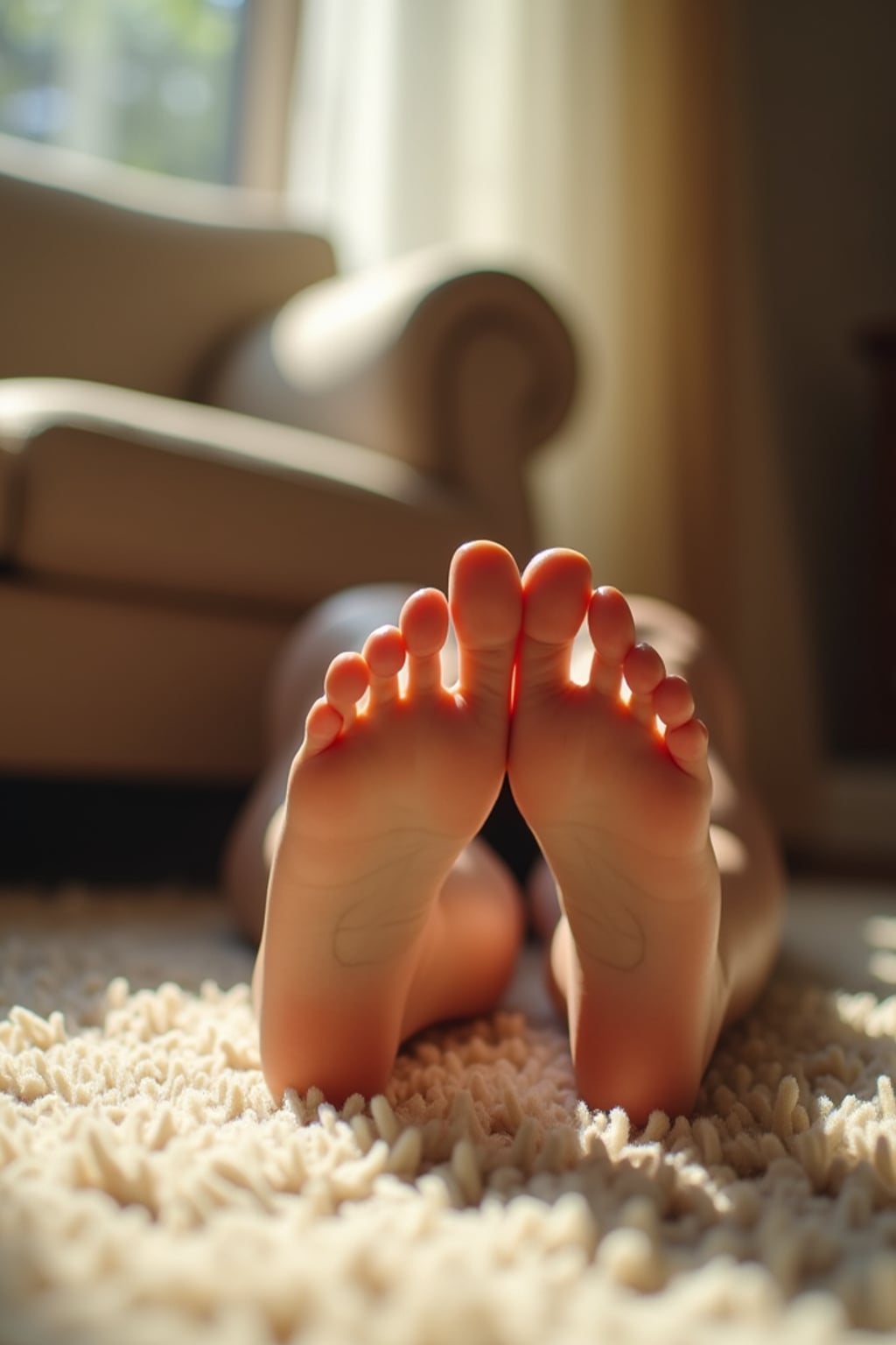 Close-up of woman's feet resting on a plush carpet, also showing the bottom of feet, with soft natural light streaming through a nearby window, creating a warm and inviting atmosphere.