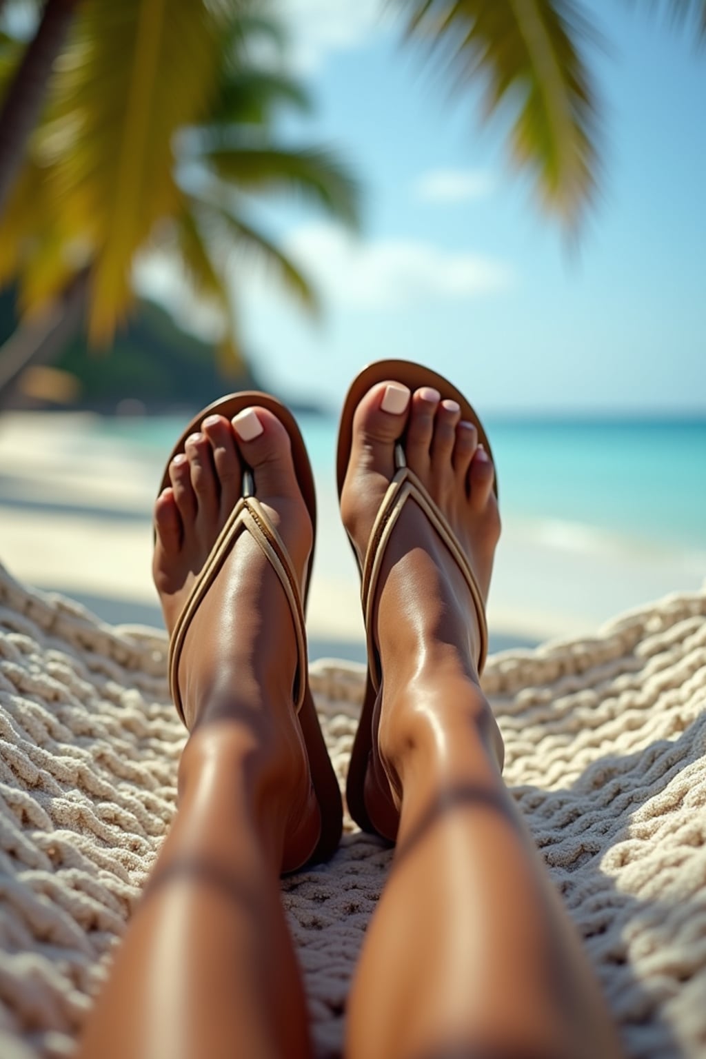 Model's feet in flip-flops, casually resting on a hammock, with a tropical beach and palm trees in the background, also showing the bottom of feet.