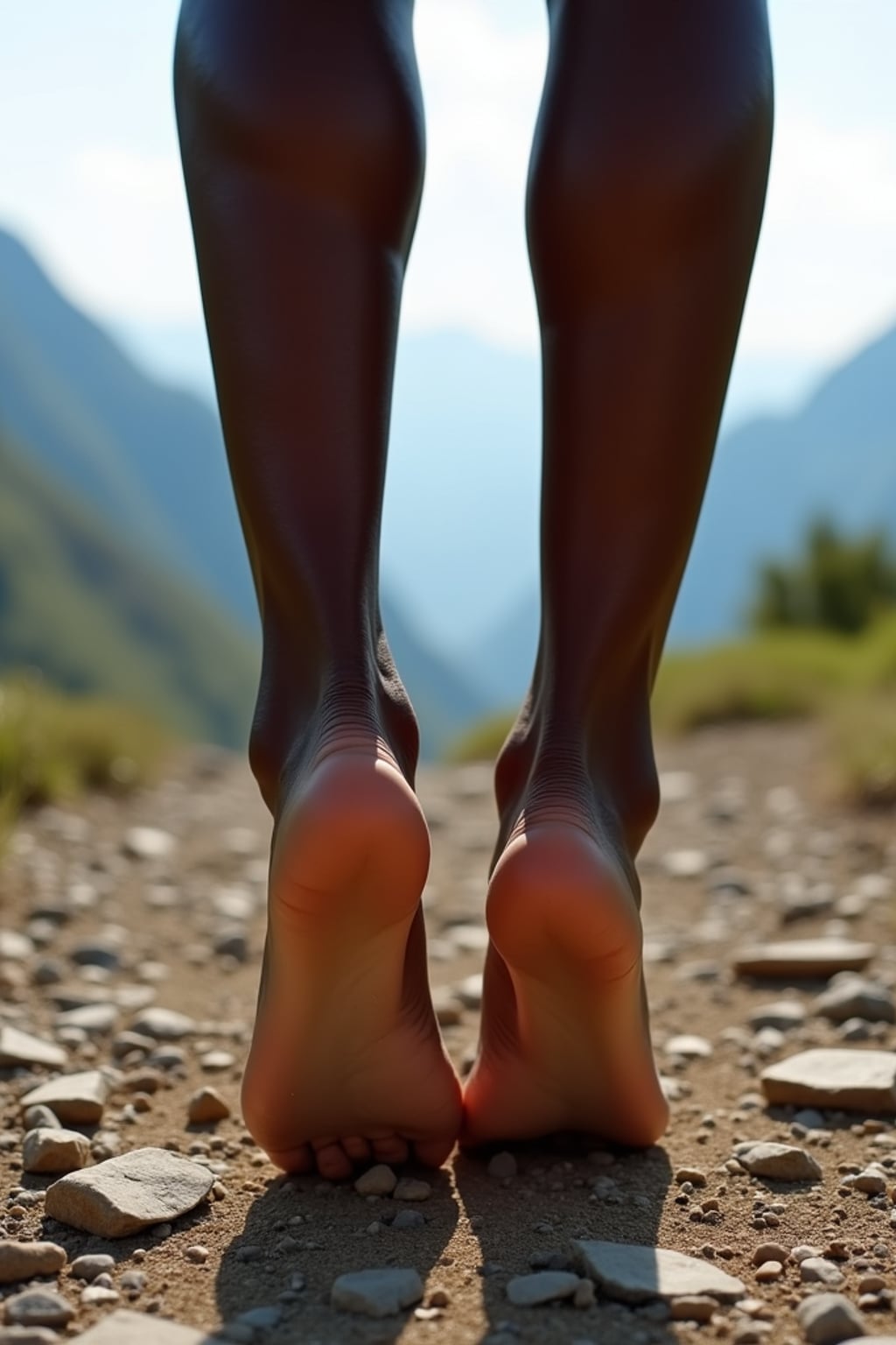 bottom of Model's bare feet, standing on a rocky trail with a breathtaking mountain view in the background, also showing the bottom of feet.