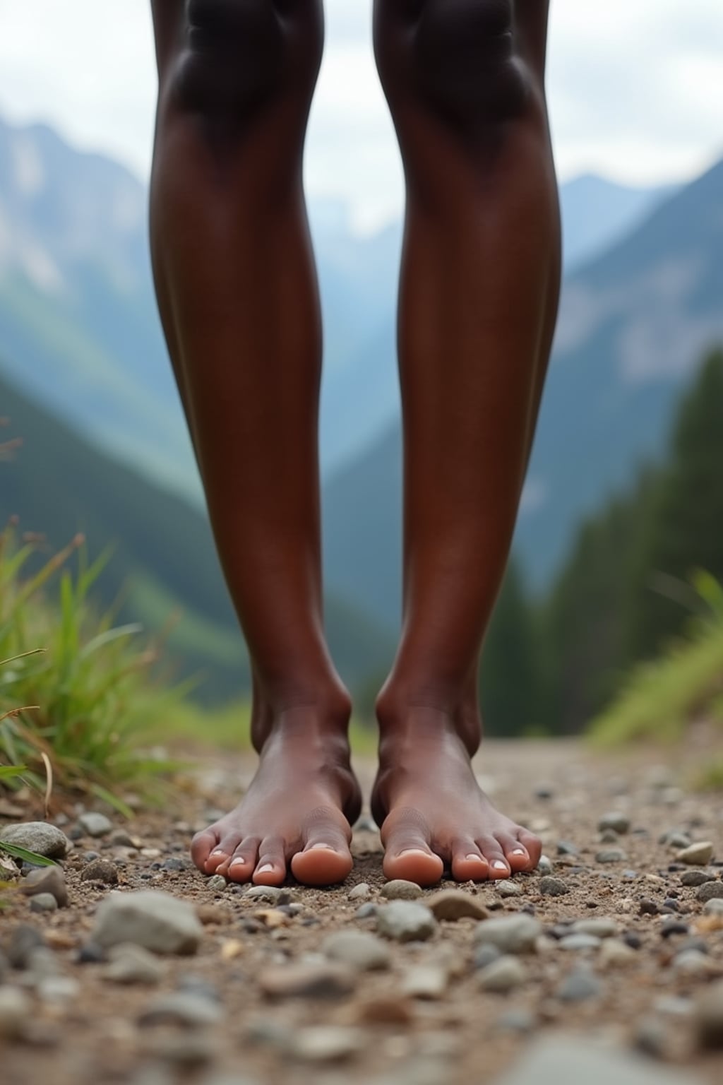 bottom of Model's bare feet, standing on a rocky trail with a breathtaking mountain view in the background, also showing the bottom of feet.