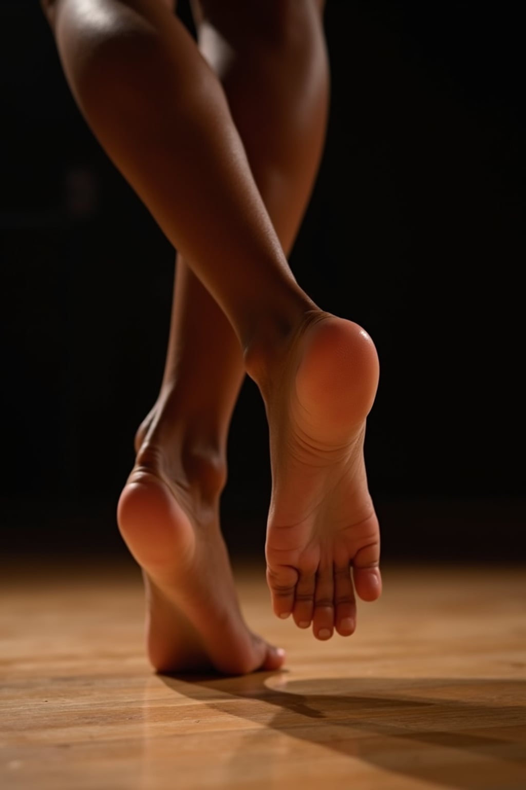 bottom of Model's bare feet, captured mid-dance on a wooden stage, with dramatic lighting highlighting the movement, also showing the bottom of feet.