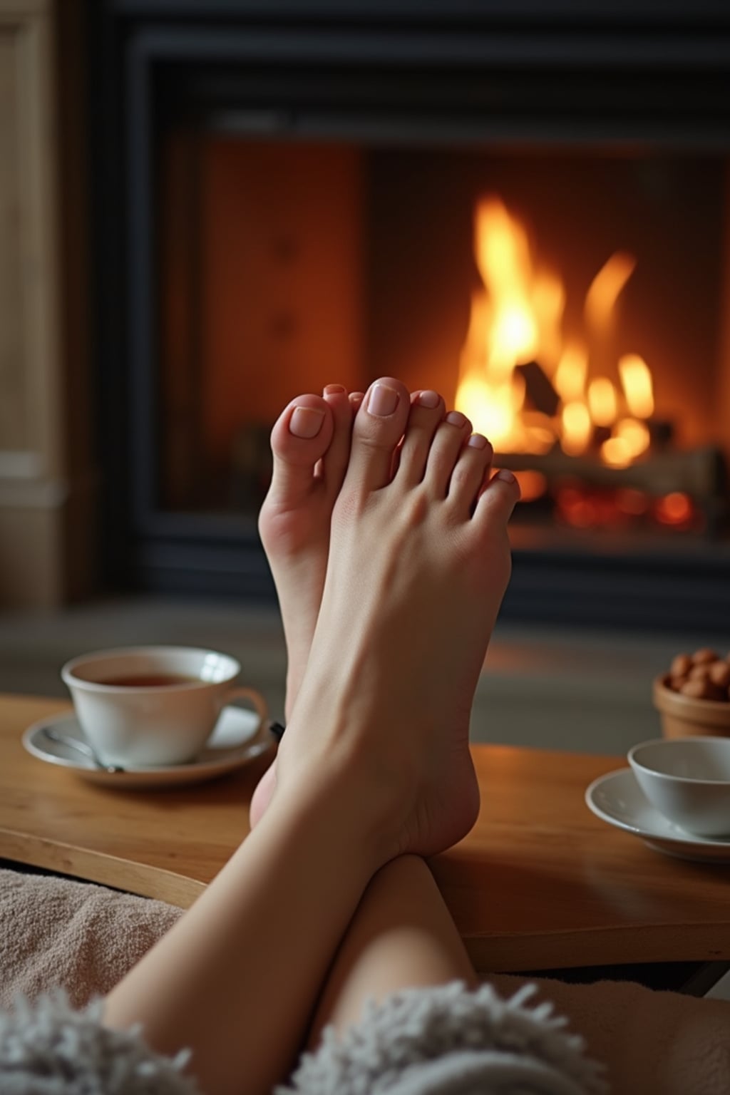 Model's bare feet, propped up on a coffee table, with a fireplace and a warm cup of tea in the background, also showing the bottom of feet.