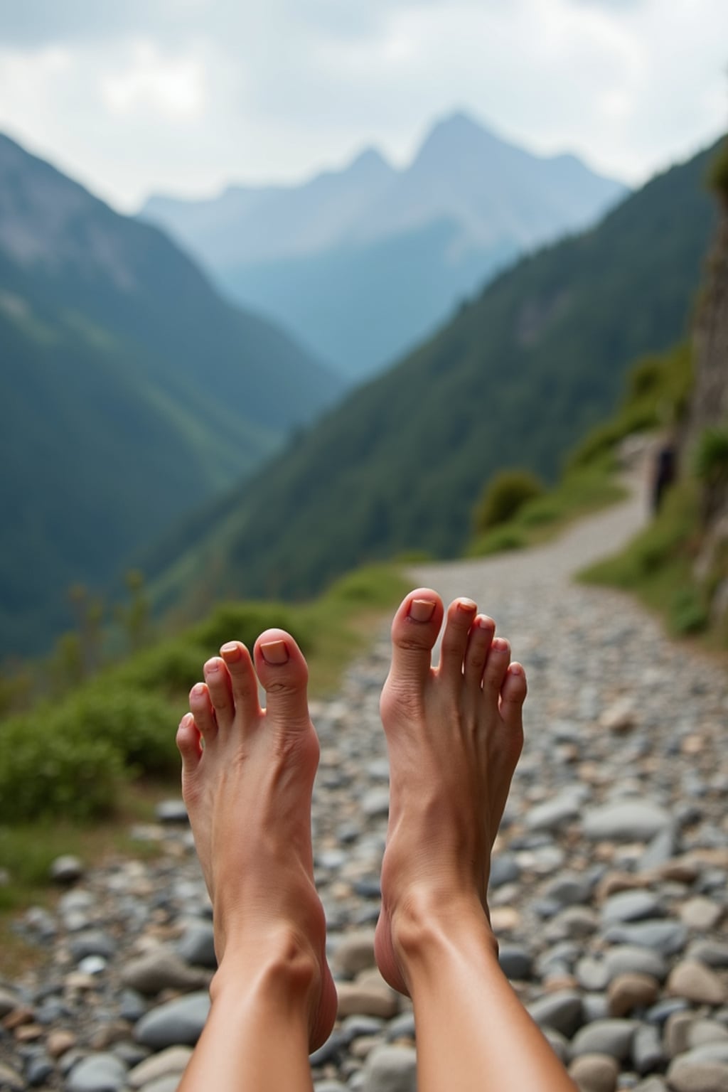 bottom of Model's bare feet, standing on a rocky trail with a breathtaking mountain view in the background, also showing the bottom of feet.