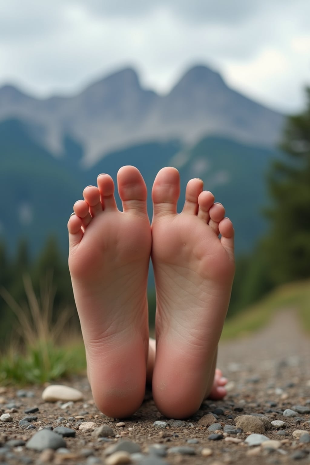 bottom of Model's bare feet, standing on a rocky trail with a breathtaking mountain view in the background, also showing the bottom of feet.