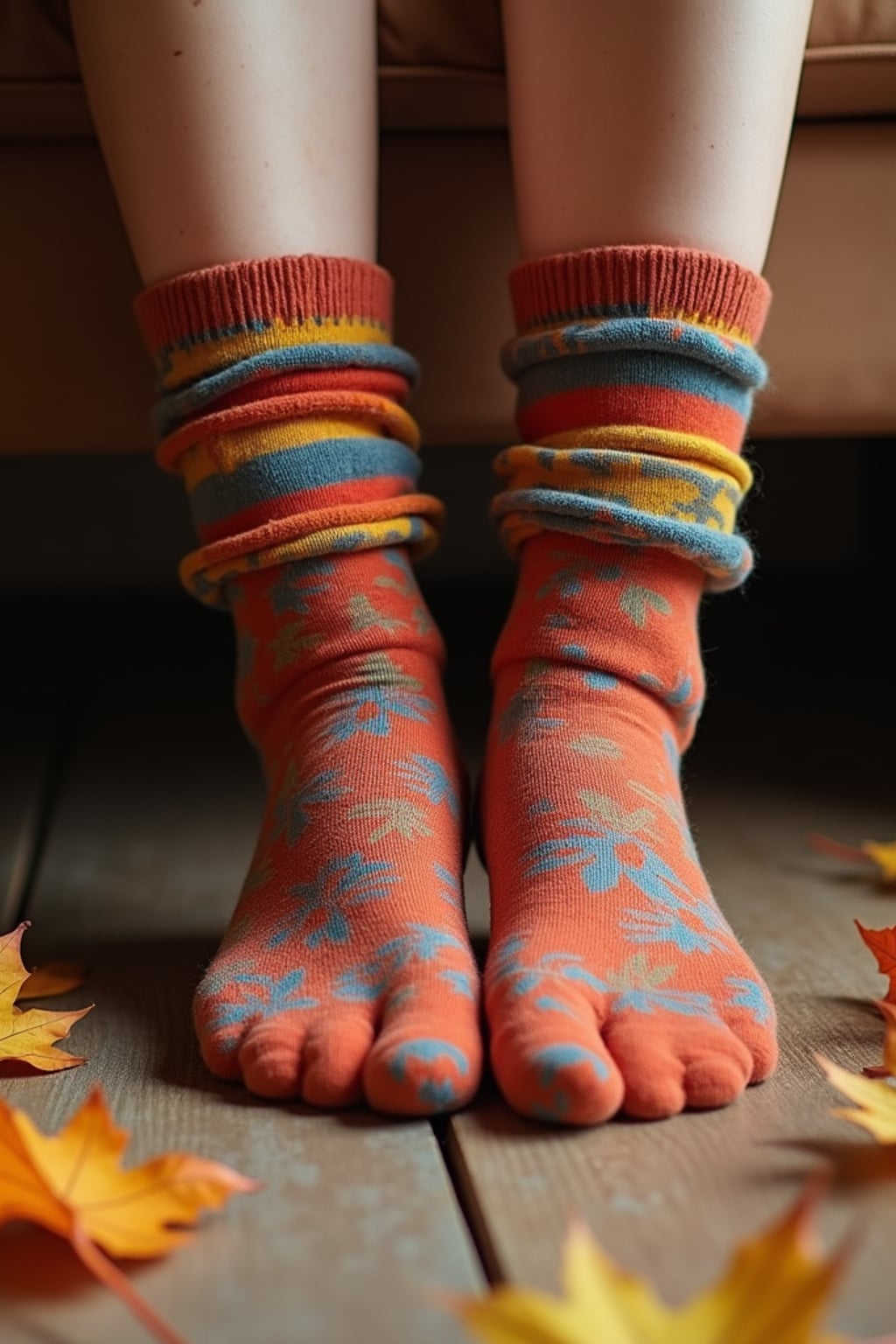 Model's feet in colorful socks, playfully posed on a wooden floor with scattered autumn leaves, evoking a cozy and whimsical vibe, also showing the bottom of feet.