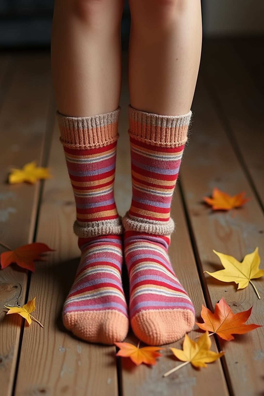Model's feet in colorful socks, playfully posed on a wooden floor with scattered autumn leaves, evoking a cozy and whimsical vibe, also showing the bottom of feet.