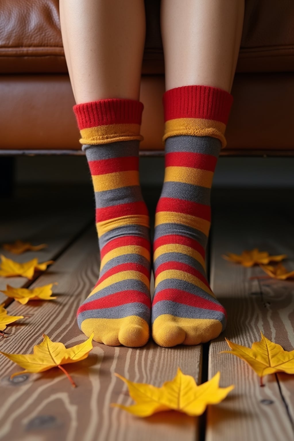 Model's feet in colorful socks, playfully posed on a wooden floor with scattered autumn leaves, evoking a cozy and whimsical vibe, also showing the bottom of feet.