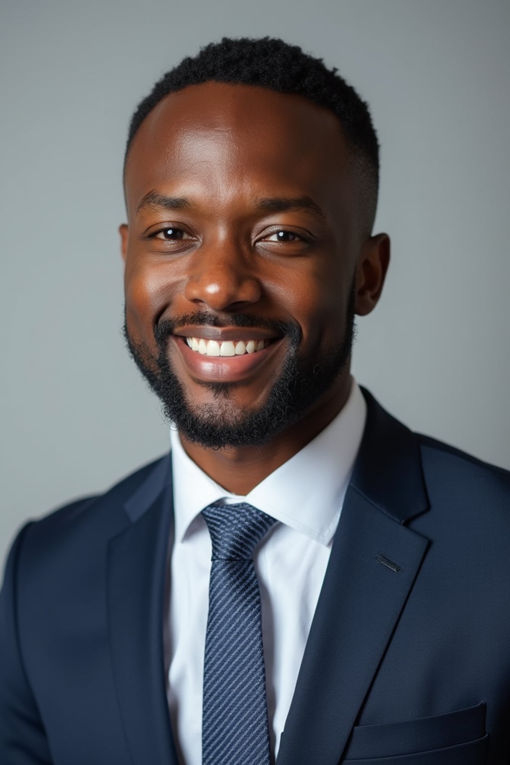 A professional real estate agent headshot of a confident man, taken in a well-lit studio with a plain backdrop. The man is dressed in  a sharp suit with a neat tie and a confident expression. The lighting is soft and even, highlighting their facial features with a professional and approachable expression. The focus is sharp, capturing the man's eyes and engaging smile, creating a perfect headshot for real estate listings and professional profiles.