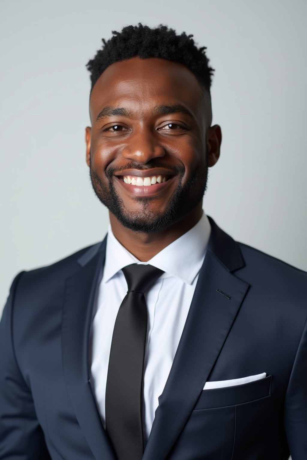 A professional real estate agent headshot of a confident man, taken in a well-lit studio with a plain backdrop. The man is dressed in  a sharp suit with a neat tie and a confident expression. The lighting is soft and even, highlighting their facial features with a professional and approachable expression. The focus is sharp, capturing the man's eyes and engaging smile, creating a perfect headshot for real estate listings and professional profiles.