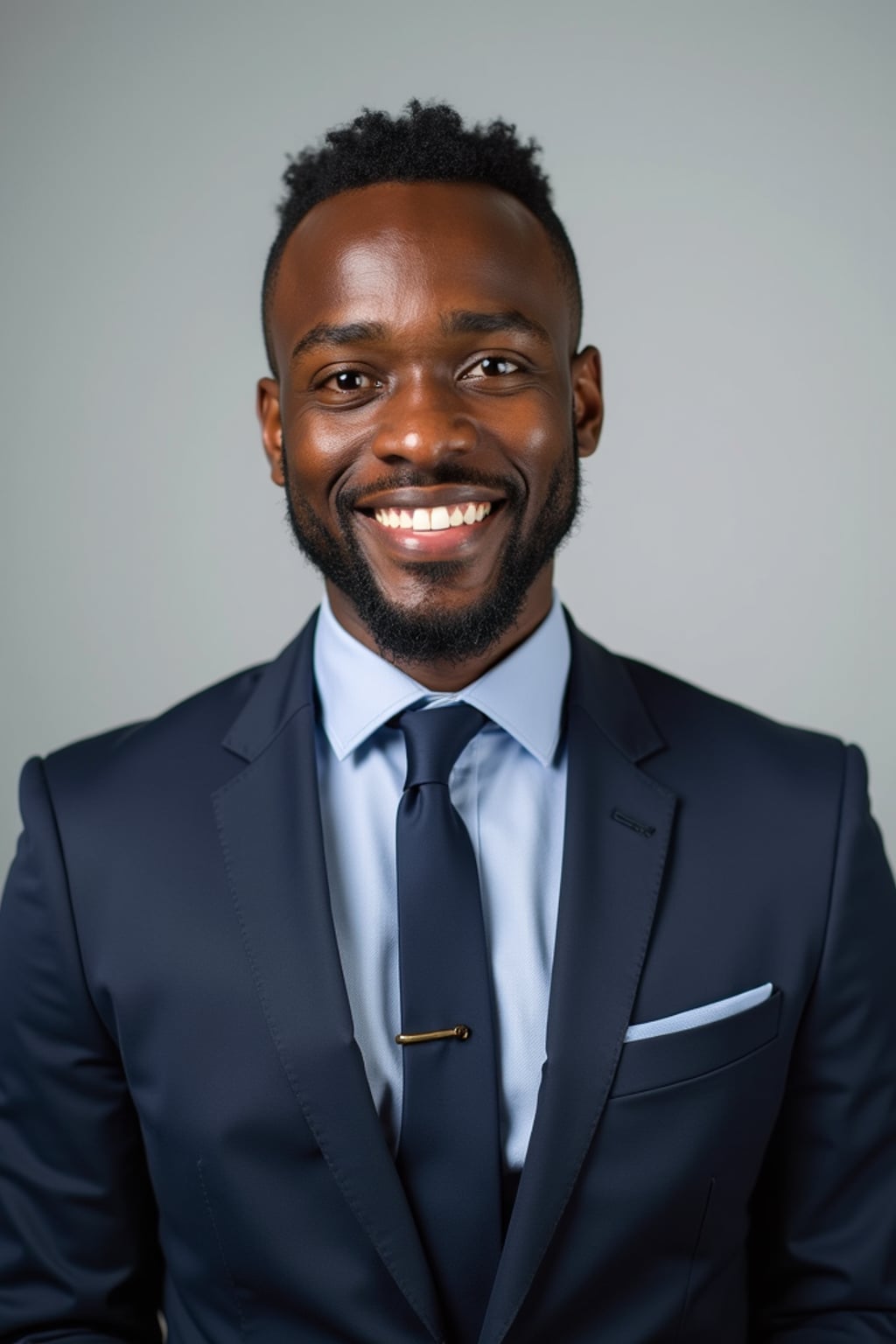 A professional real estate agent headshot of a confident man, taken in a well-lit studio with a plain backdrop. The man is dressed in  a sharp suit with a neat tie and a confident expression. The lighting is soft and even, highlighting their facial features with a professional and approachable expression. The focus is sharp, capturing the man's eyes and engaging smile, creating a perfect headshot for real estate listings and professional profiles.