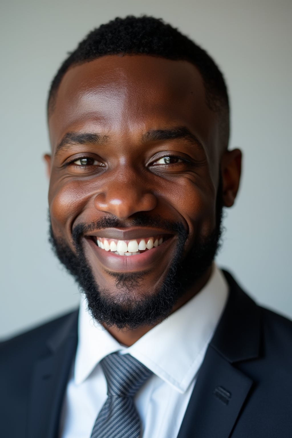 A professional real estate agent headshot of a confident man, taken in a well-lit studio with a plain backdrop. The man is dressed in  a sharp suit with a neat tie and a confident expression. The lighting is soft and even, highlighting their facial features with a professional and approachable expression. The focus is sharp, capturing the man's eyes and engaging smile, creating a perfect headshot for real estate listings and professional profiles.