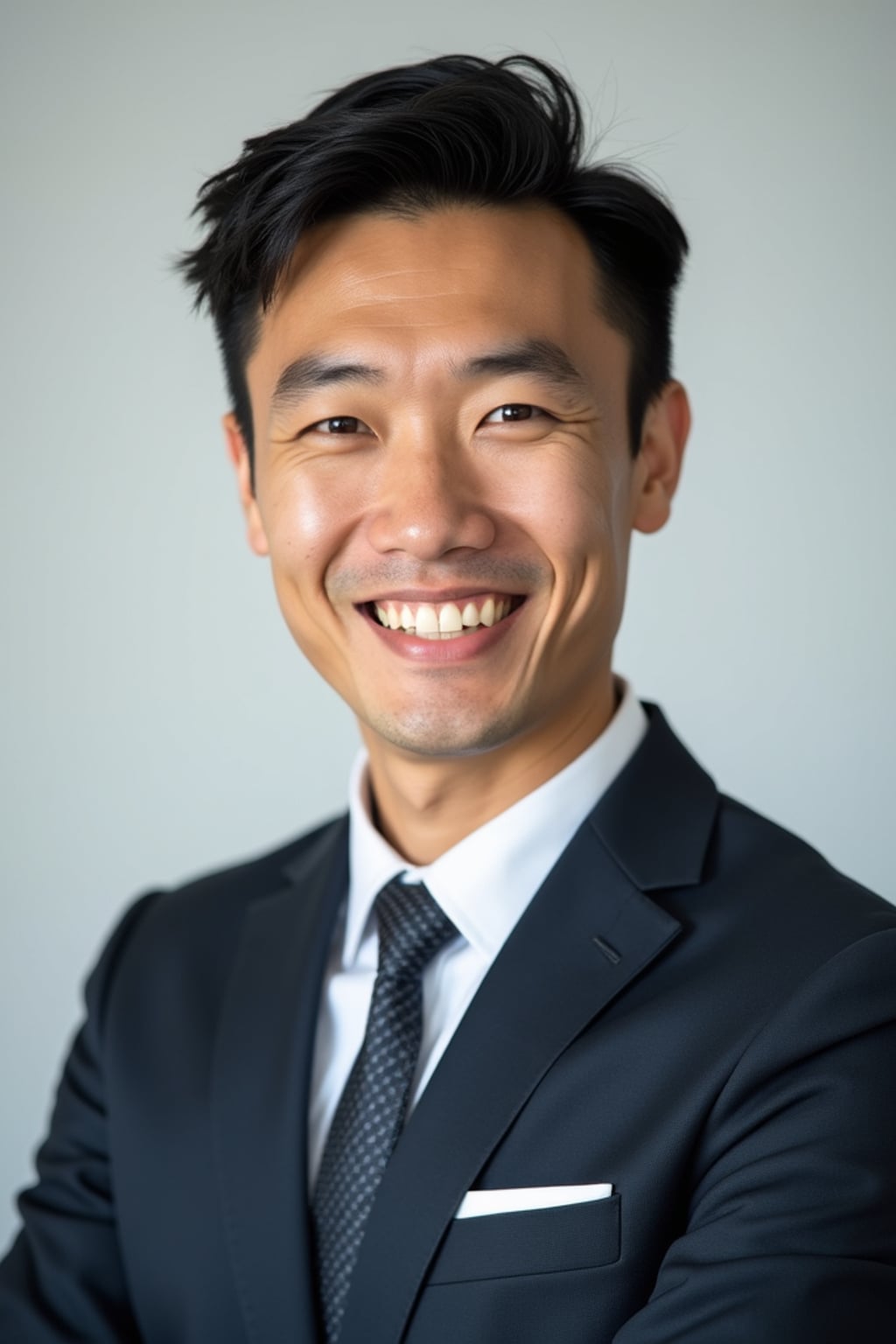 A professional real estate agent headshot of a confident man, taken in a well-lit studio with a plain backdrop. The man is dressed in  a sharp suit with a neat tie and a confident expression. The lighting is soft and even, highlighting their facial features with a professional and approachable expression. The focus is sharp, capturing the man's eyes and engaging smile, creating a perfect headshot for real estate listings and professional profiles.