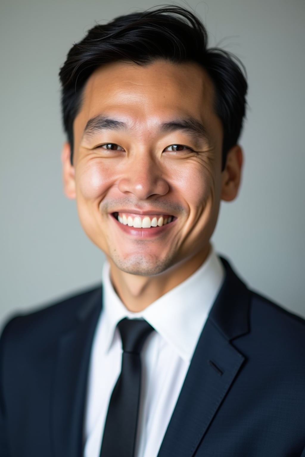 A professional real estate agent headshot of a confident man, taken in a well-lit studio with a plain backdrop. The man is dressed in  a sharp suit with a neat tie and a confident expression. The lighting is soft and even, highlighting their facial features with a professional and approachable expression. The focus is sharp, capturing the man's eyes and engaging smile, creating a perfect headshot for real estate listings and professional profiles.