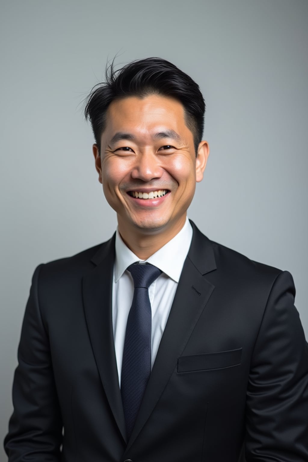 A professional real estate agent headshot of a confident man, taken in a well-lit studio with a plain backdrop. The man is dressed in  a sharp suit with a neat tie and a confident expression. The lighting is soft and even, highlighting their facial features with a professional and approachable expression. The focus is sharp, capturing the man's eyes and engaging smile, creating a perfect headshot for real estate listings and professional profiles.