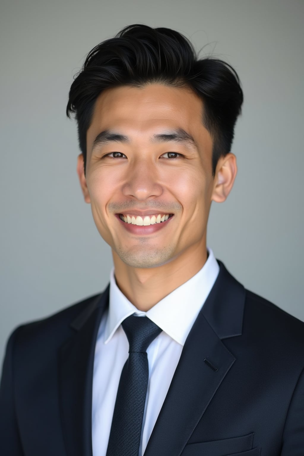 A professional real estate agent headshot of a confident man, taken in a well-lit studio with a plain backdrop. The man is dressed in  a sharp suit with a neat tie and a confident expression. The lighting is soft and even, highlighting their facial features with a professional and approachable expression. The focus is sharp, capturing the man's eyes and engaging smile, creating a perfect headshot for real estate listings and professional profiles.