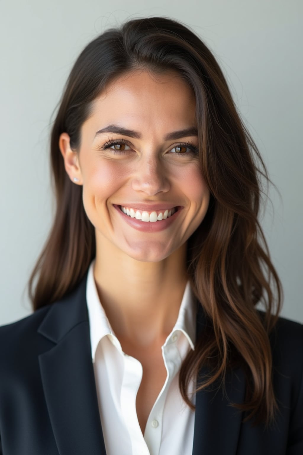 A professional real estate agent headshot of a confident woman, taken in a well-lit studio with a plain backdrop. The woman is dressed in a tailored blazer with a crisp blouse and a welcoming smile . The lighting is soft and even, highlighting their facial features with a professional and approachable expression. The focus is sharp, capturing the woman's eyes and engaging smile, creating a perfect headshot for real estate listings and professional profiles.