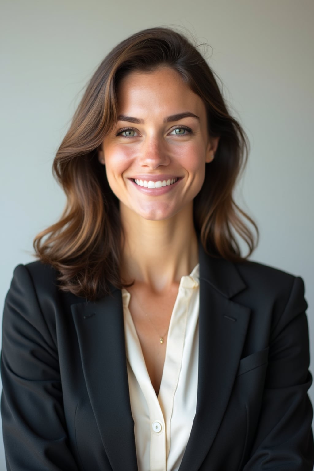 A professional real estate agent headshot of a confident woman, taken in a well-lit studio with a plain backdrop. The woman is dressed in a tailored blazer with a crisp blouse and a welcoming smile . The lighting is soft and even, highlighting their facial features with a professional and approachable expression. The focus is sharp, capturing the woman's eyes and engaging smile, creating a perfect headshot for real estate listings and professional profiles.