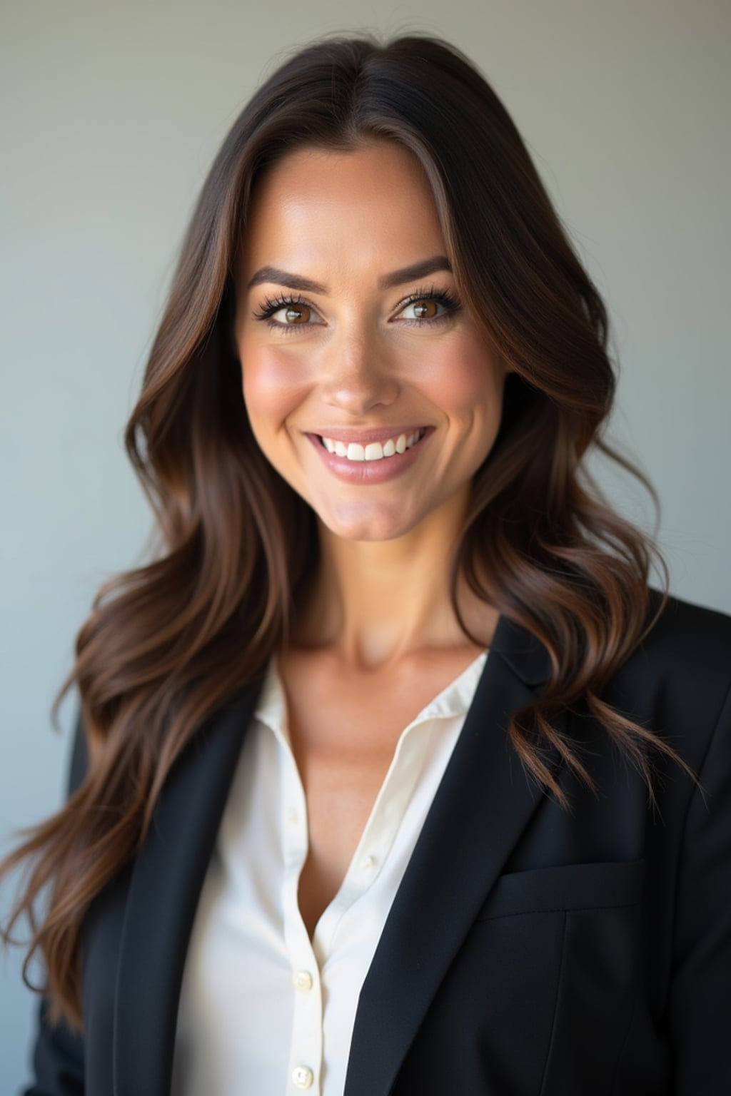 A professional real estate agent headshot of a confident woman, taken in a well-lit studio with a plain backdrop. The woman is dressed in a tailored blazer with a crisp blouse and a welcoming smile . The lighting is soft and even, highlighting their facial features with a professional and approachable expression. The focus is sharp, capturing the woman's eyes and engaging smile, creating a perfect headshot for real estate listings and professional profiles.