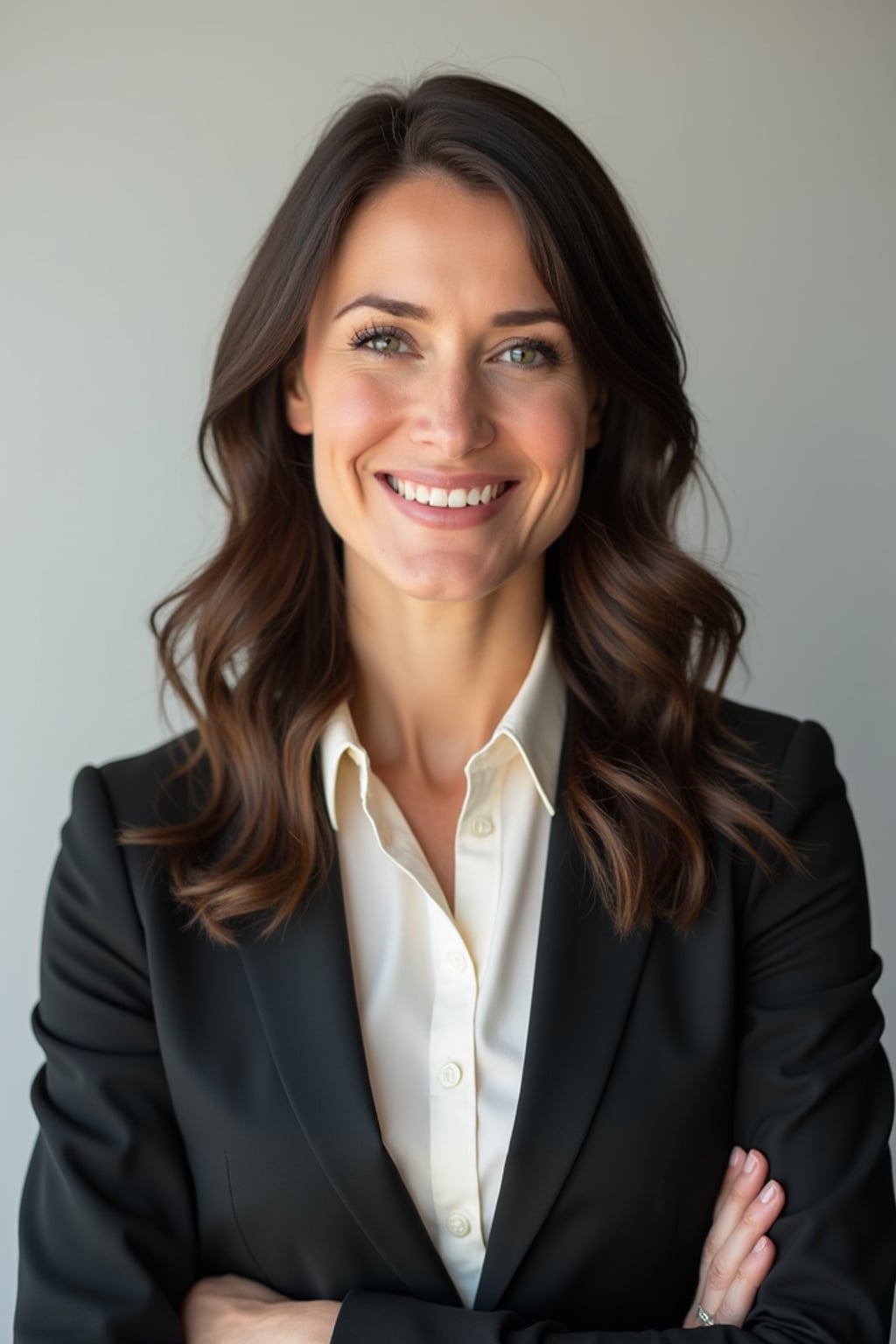 A professional real estate agent headshot of a confident woman, taken in a well-lit studio with a plain backdrop. The woman is dressed in a tailored blazer with a crisp blouse and a welcoming smile . The lighting is soft and even, highlighting their facial features with a professional and approachable expression. The focus is sharp, capturing the woman's eyes and engaging smile, creating a perfect headshot for real estate listings and professional profiles.