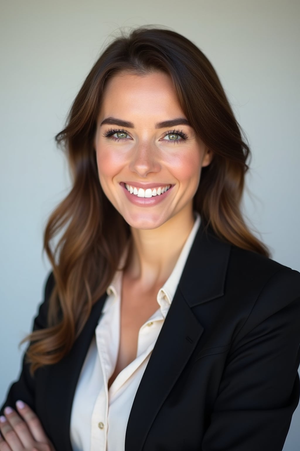 A professional real estate agent headshot of a confident woman, taken in a well-lit studio with a plain backdrop. The woman is dressed in a tailored blazer with a crisp blouse and a welcoming smile . The lighting is soft and even, highlighting their facial features with a professional and approachable expression. The focus is sharp, capturing the woman's eyes and engaging smile, creating a perfect headshot for real estate listings and professional profiles.