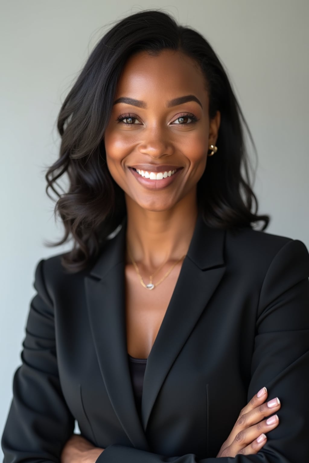 A professional real estate agent headshot of a confident woman, taken in a well-lit studio with a plain backdrop. The woman is dressed in a tailored blazer with a crisp blouse and a welcoming smile . The lighting is soft and even, highlighting their facial features with a professional and approachable expression. The focus is sharp, capturing the woman's eyes and engaging smile, creating a perfect headshot for real estate listings and professional profiles.