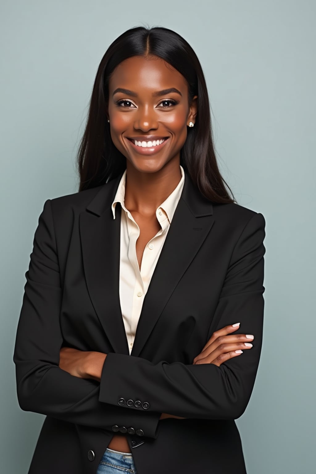 A professional real estate agent headshot of a confident woman, taken in a well-lit studio with a plain backdrop. The woman is dressed in a tailored blazer with a crisp blouse and a welcoming smile . The lighting is soft and even, highlighting their facial features with a professional and approachable expression. The focus is sharp, capturing the woman's eyes and engaging smile, creating a perfect headshot for real estate listings and professional profiles.