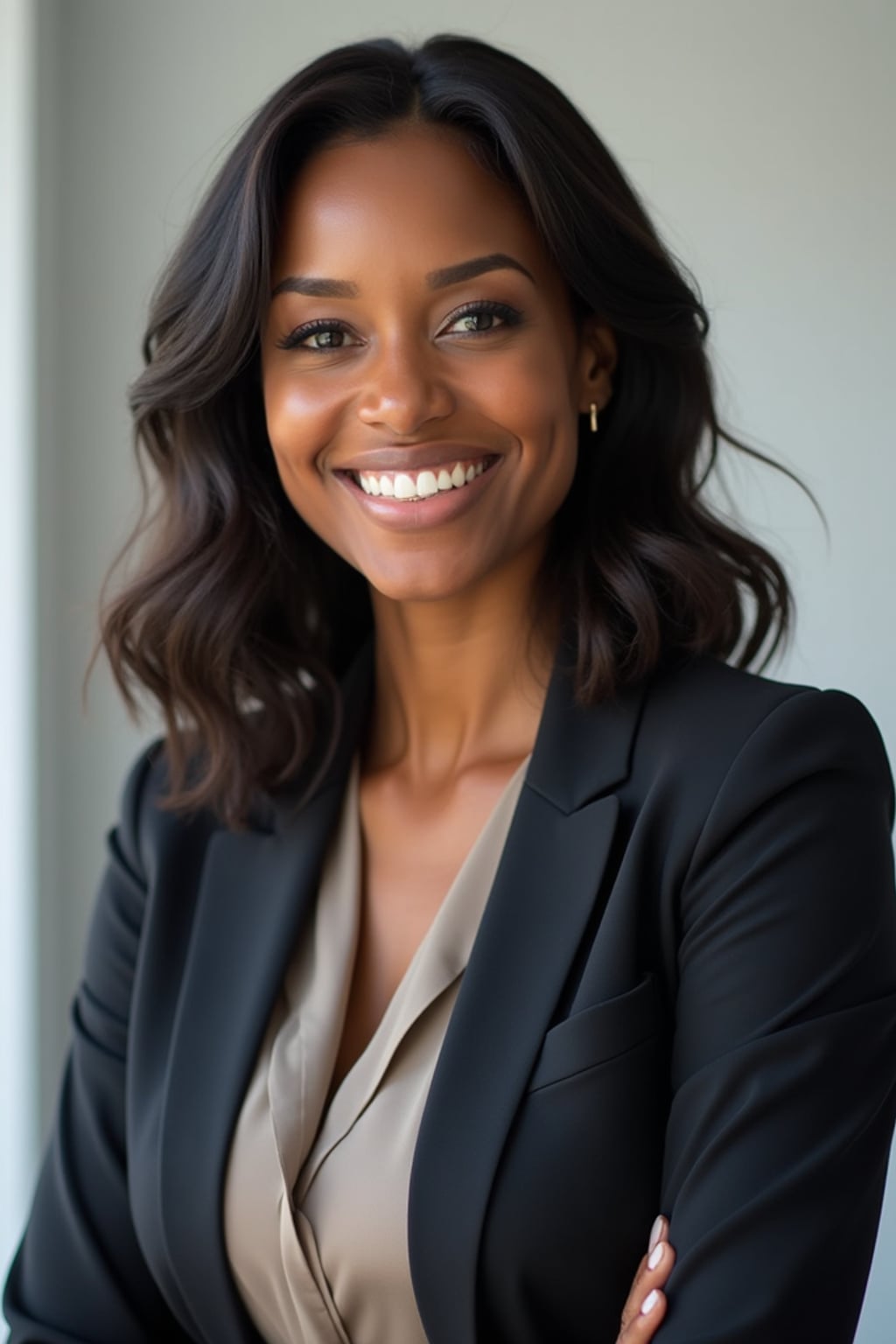 A professional real estate agent headshot of a confident woman, taken in a well-lit studio with a plain backdrop. The woman is dressed in a tailored blazer with a crisp blouse and a welcoming smile . The lighting is soft and even, highlighting their facial features with a professional and approachable expression. The focus is sharp, capturing the woman's eyes and engaging smile, creating a perfect headshot for real estate listings and professional profiles.