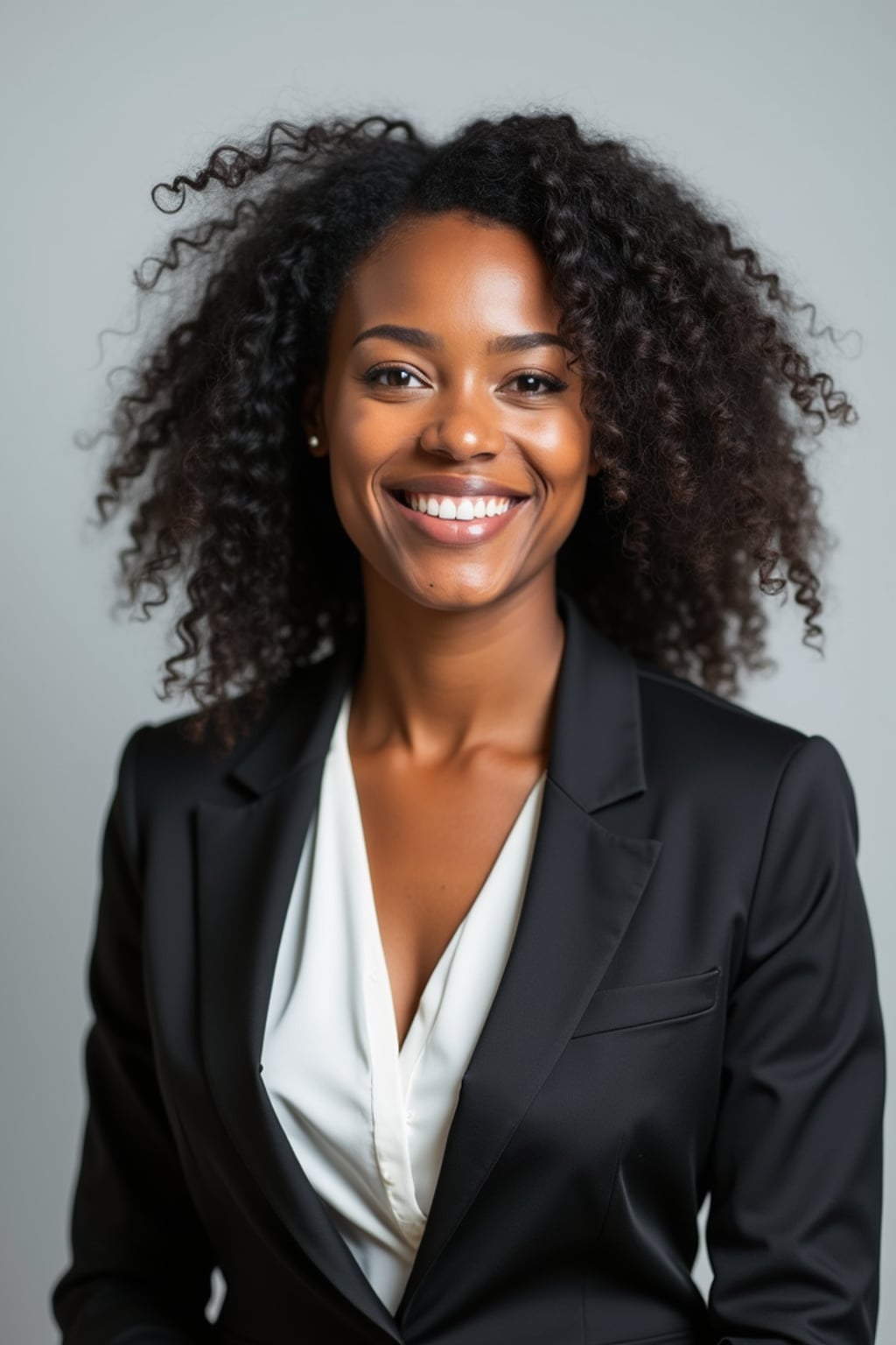 A professional real estate agent headshot of a confident woman, taken in a well-lit studio with a plain backdrop. The woman is dressed in a tailored blazer with a crisp blouse and a welcoming smile . The lighting is soft and even, highlighting their facial features with a professional and approachable expression. The focus is sharp, capturing the woman's eyes and engaging smile, creating a perfect headshot for real estate listings and professional profiles.