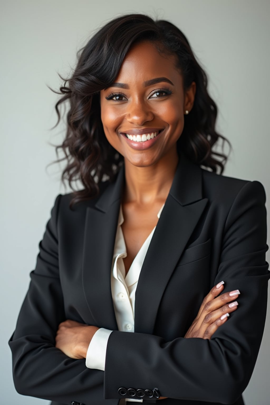 A professional real estate agent headshot of a confident woman, taken in a well-lit studio with a plain backdrop. The woman is dressed in a tailored blazer with a crisp blouse and a welcoming smile . The lighting is soft and even, highlighting their facial features with a professional and approachable expression. The focus is sharp, capturing the woman's eyes and engaging smile, creating a perfect headshot for real estate listings and professional profiles.