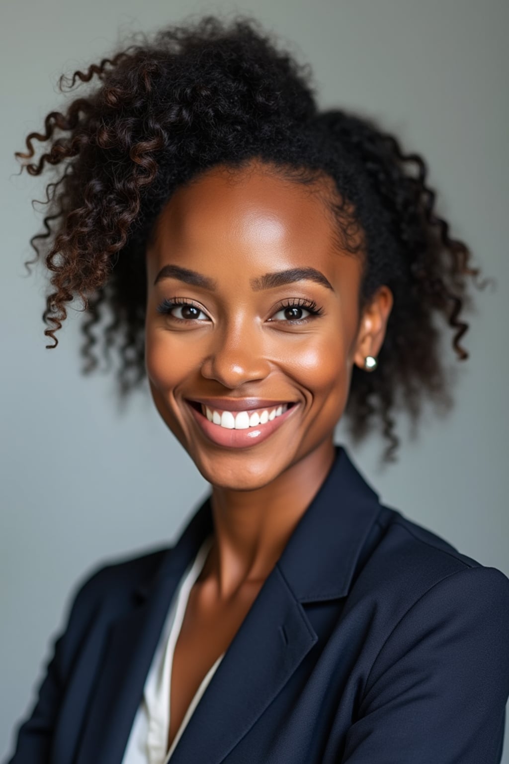 A professional real estate agent headshot of a confident woman, taken in a well-lit studio with a plain backdrop. The woman is dressed in a tailored blazer with a crisp blouse and a welcoming smile . The lighting is soft and even, highlighting their facial features with a professional and approachable expression. The focus is sharp, capturing the woman's eyes and engaging smile, creating a perfect headshot for real estate listings and professional profiles.
