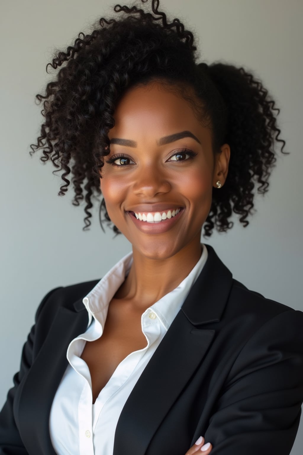 A professional real estate agent headshot of a confident woman, taken in a well-lit studio with a plain backdrop. The woman is dressed in a tailored blazer with a crisp blouse and a welcoming smile . The lighting is soft and even, highlighting their facial features with a professional and approachable expression. The focus is sharp, capturing the woman's eyes and engaging smile, creating a perfect headshot for real estate listings and professional profiles.