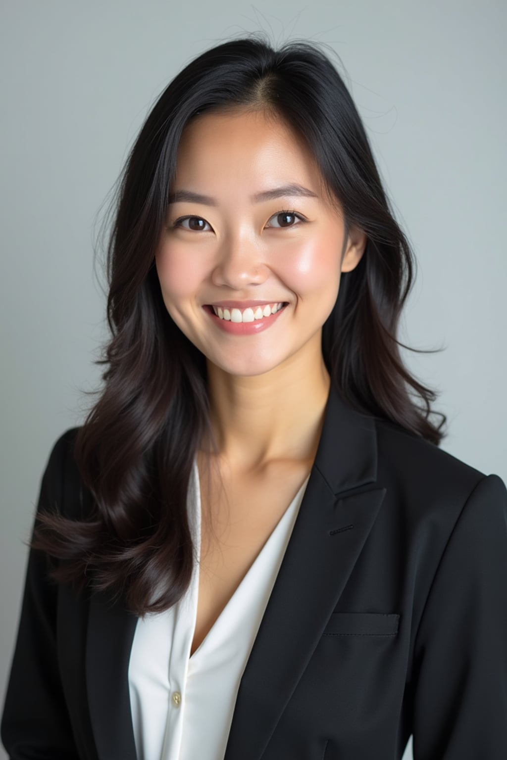 A professional real estate agent headshot of a confident woman, taken in a well-lit studio with a plain backdrop. The woman is dressed in a tailored blazer with a crisp blouse and a welcoming smile . The lighting is soft and even, highlighting their facial features with a professional and approachable expression. The focus is sharp, capturing the woman's eyes and engaging smile, creating a perfect headshot for real estate listings and professional profiles.