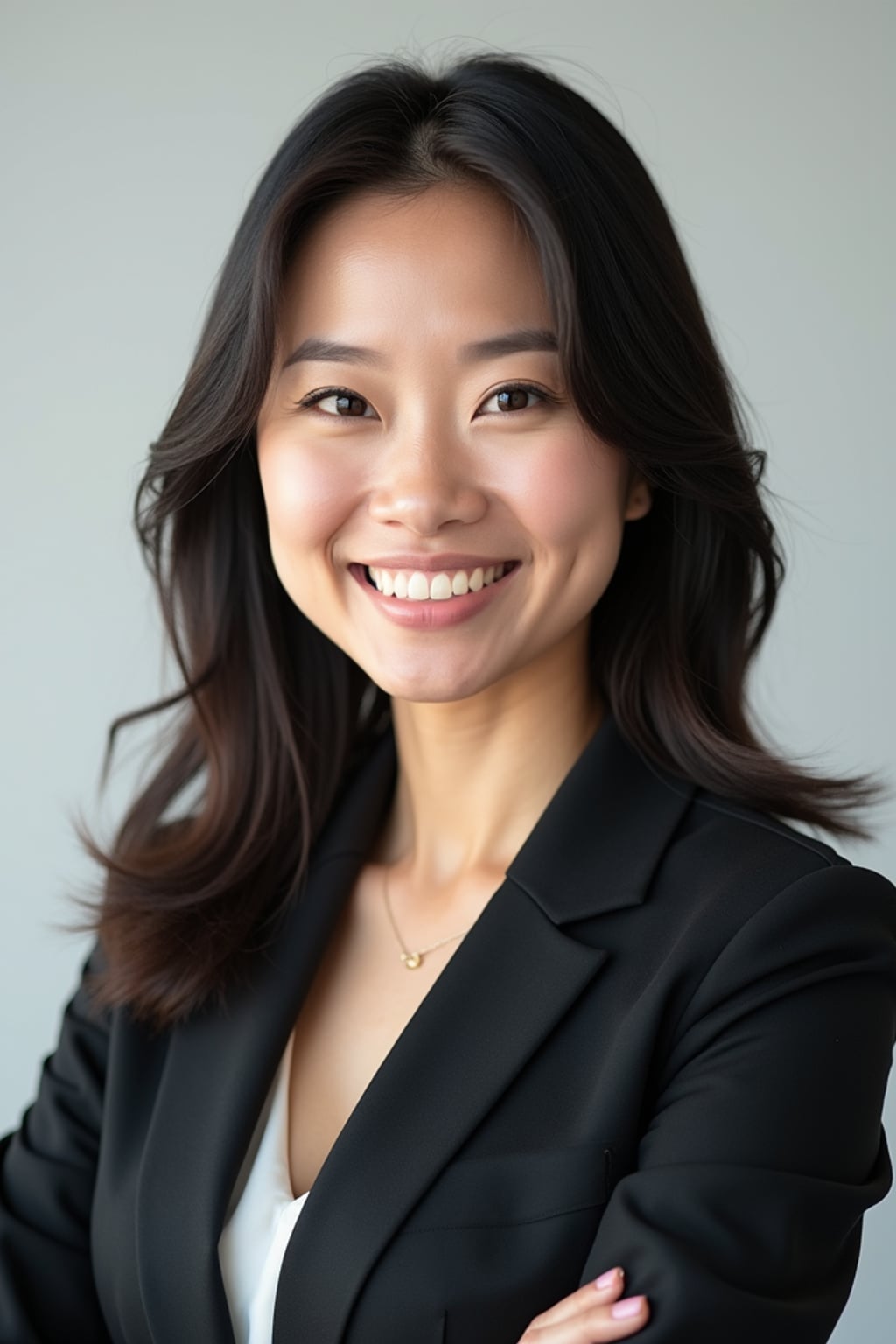 A professional real estate agent headshot of a confident woman, taken in a well-lit studio with a plain backdrop. The woman is dressed in a tailored blazer with a crisp blouse and a welcoming smile . The lighting is soft and even, highlighting their facial features with a professional and approachable expression. The focus is sharp, capturing the woman's eyes and engaging smile, creating a perfect headshot for real estate listings and professional profiles.