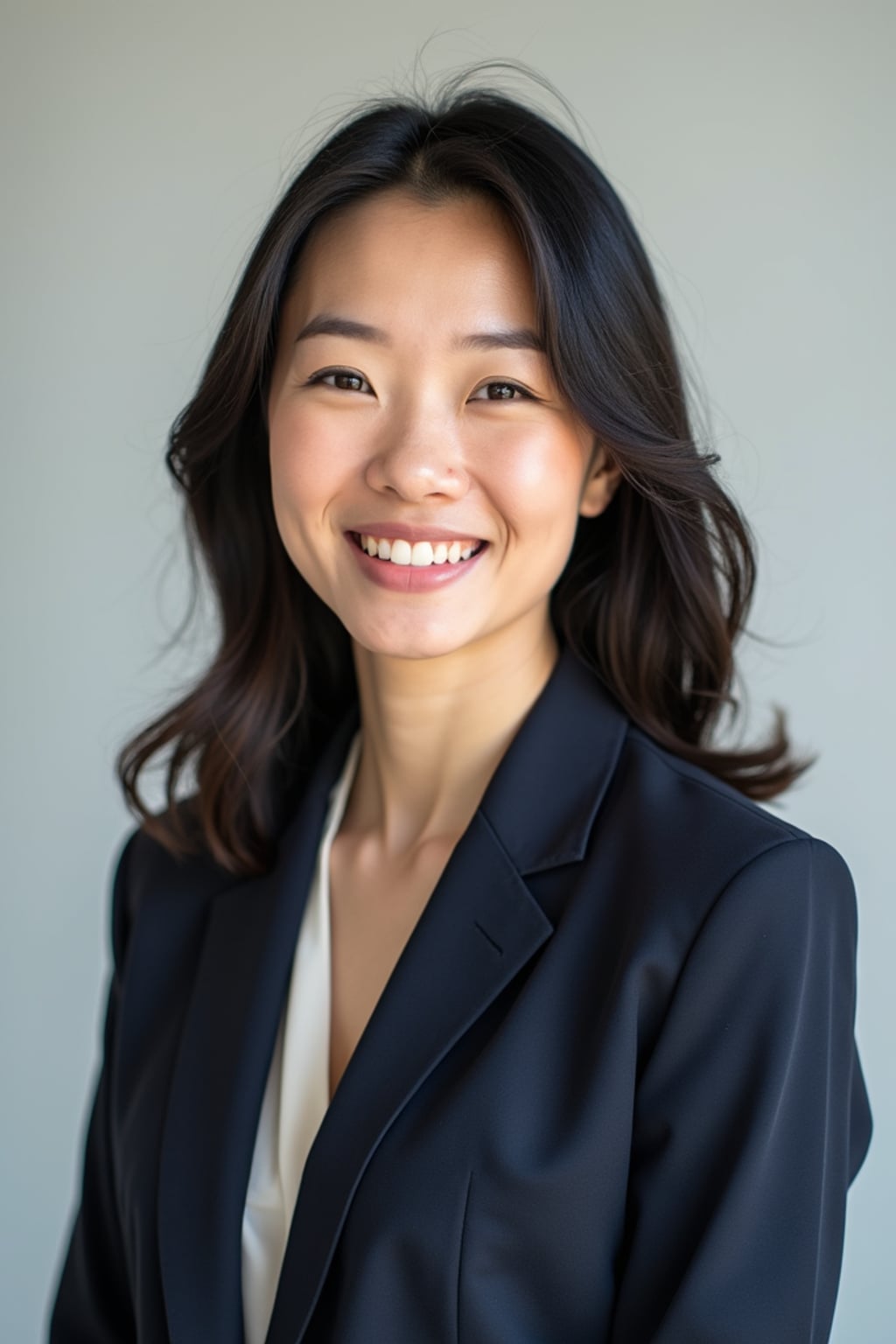 A professional real estate agent headshot of a confident woman, taken in a well-lit studio with a plain backdrop. The woman is dressed in a tailored blazer with a crisp blouse and a welcoming smile . The lighting is soft and even, highlighting their facial features with a professional and approachable expression. The focus is sharp, capturing the woman's eyes and engaging smile, creating a perfect headshot for real estate listings and professional profiles.