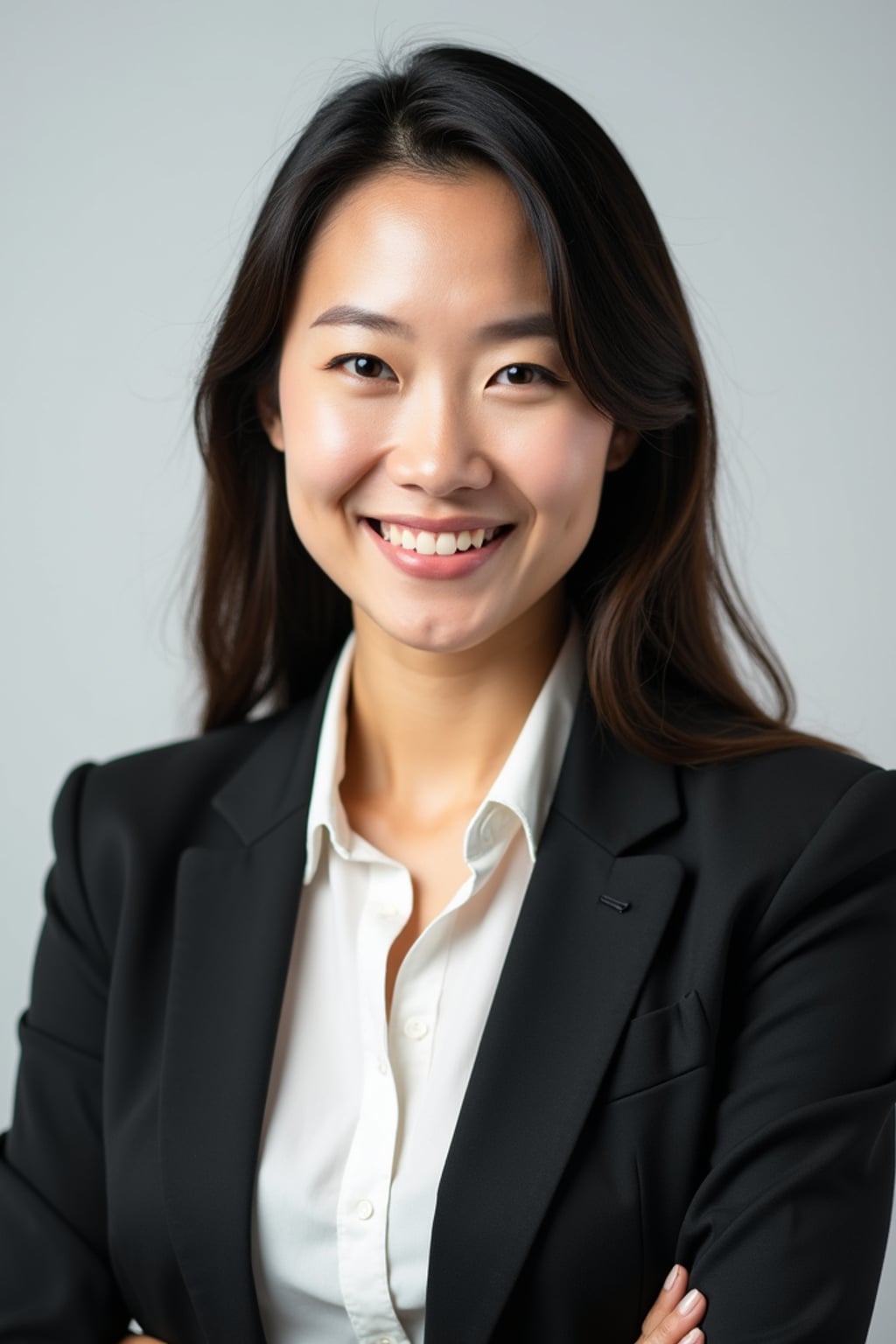 A professional real estate agent headshot of a confident woman, taken in a well-lit studio with a plain backdrop. The woman is dressed in a tailored blazer with a crisp blouse and a welcoming smile . The lighting is soft and even, highlighting their facial features with a professional and approachable expression. The focus is sharp, capturing the woman's eyes and engaging smile, creating a perfect headshot for real estate listings and professional profiles.