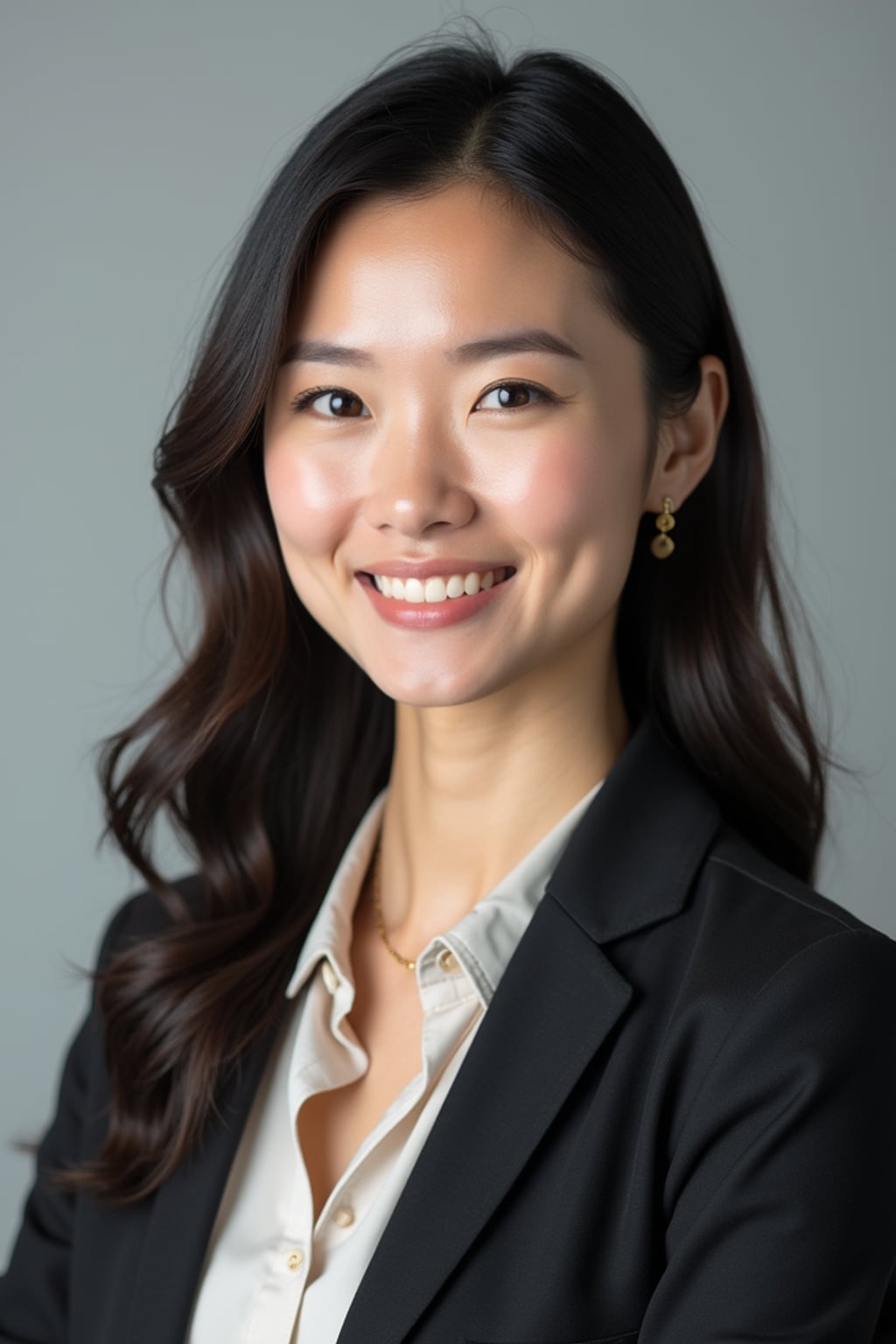A professional real estate agent headshot of a confident woman, taken in a well-lit studio with a plain backdrop. The woman is dressed in a tailored blazer with a crisp blouse and a welcoming smile . The lighting is soft and even, highlighting their facial features with a professional and approachable expression. The focus is sharp, capturing the woman's eyes and engaging smile, creating a perfect headshot for real estate listings and professional profiles.