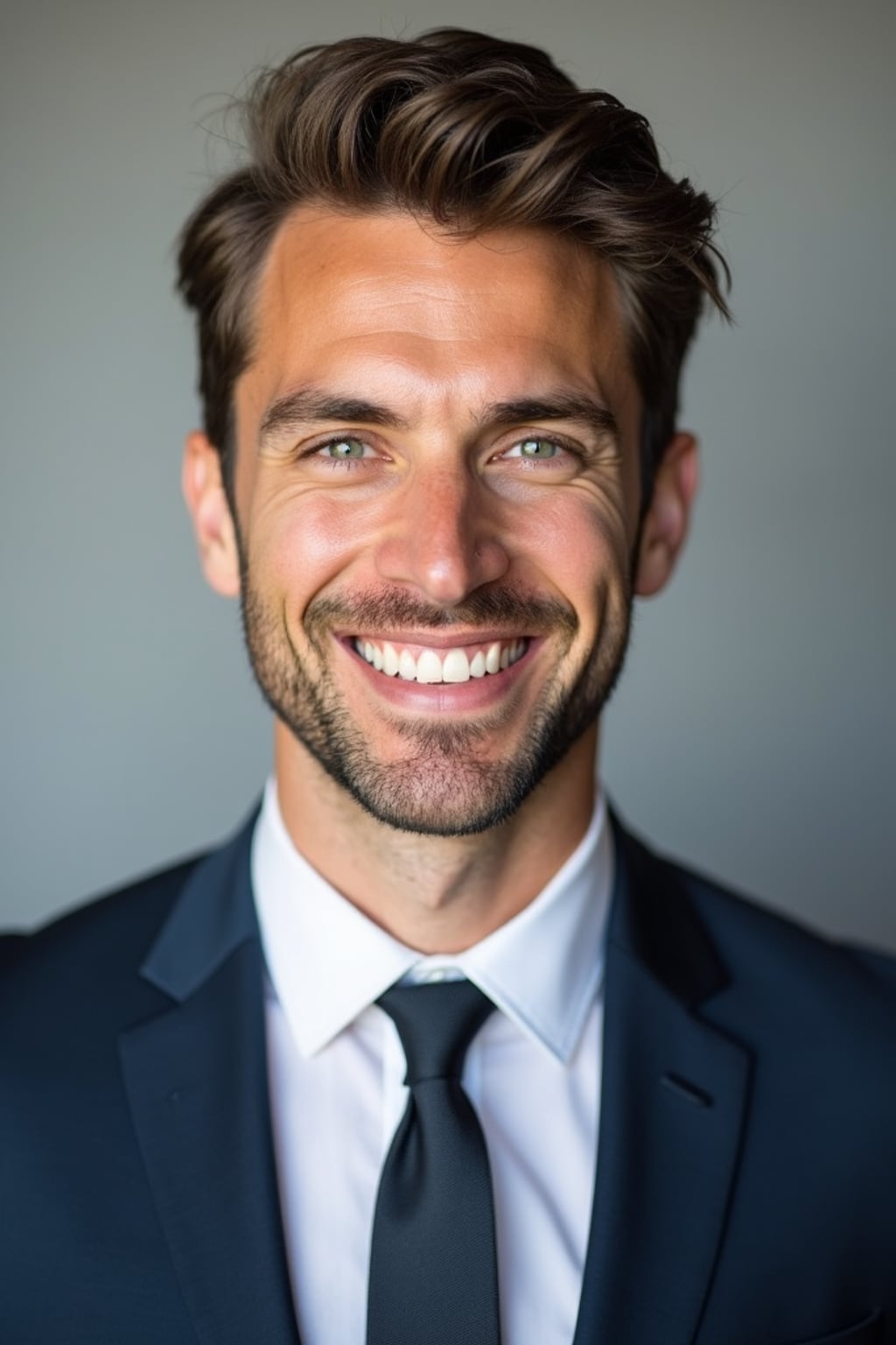 A professional real estate agent headshot of a confident man, taken in a well-lit studio with a plain backdrop. The man is dressed in  a sharp suit with a neat tie and a confident expression. The lighting is soft and even, highlighting their facial features with a professional and approachable expression. The focus is sharp, capturing the man's eyes and engaging smile, creating a perfect headshot for real estate listings and professional profiles.