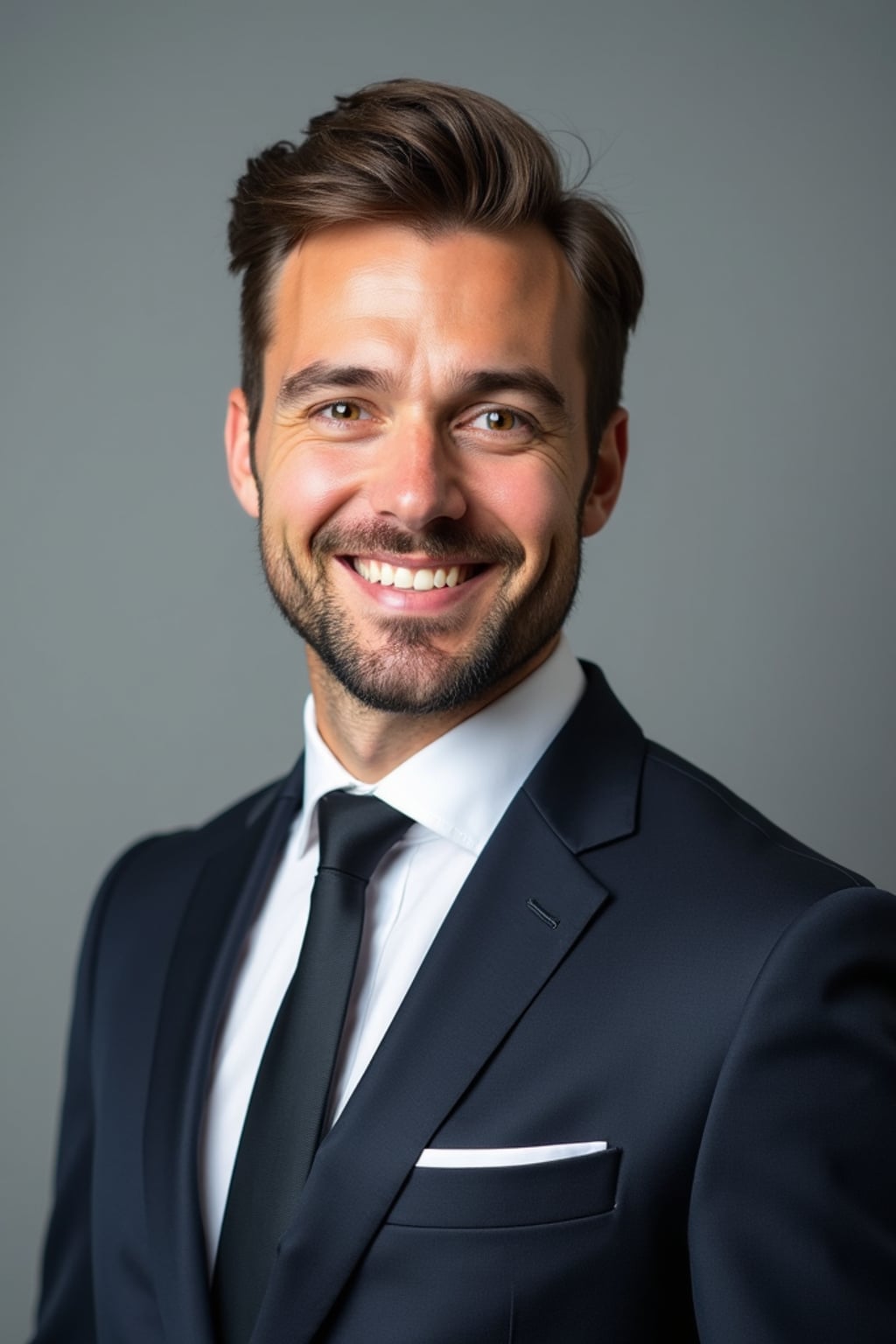 A professional real estate agent headshot of a confident man, taken in a well-lit studio with a plain backdrop. The man is dressed in  a sharp suit with a neat tie and a confident expression. The lighting is soft and even, highlighting their facial features with a professional and approachable expression. The focus is sharp, capturing the man's eyes and engaging smile, creating a perfect headshot for real estate listings and professional profiles.