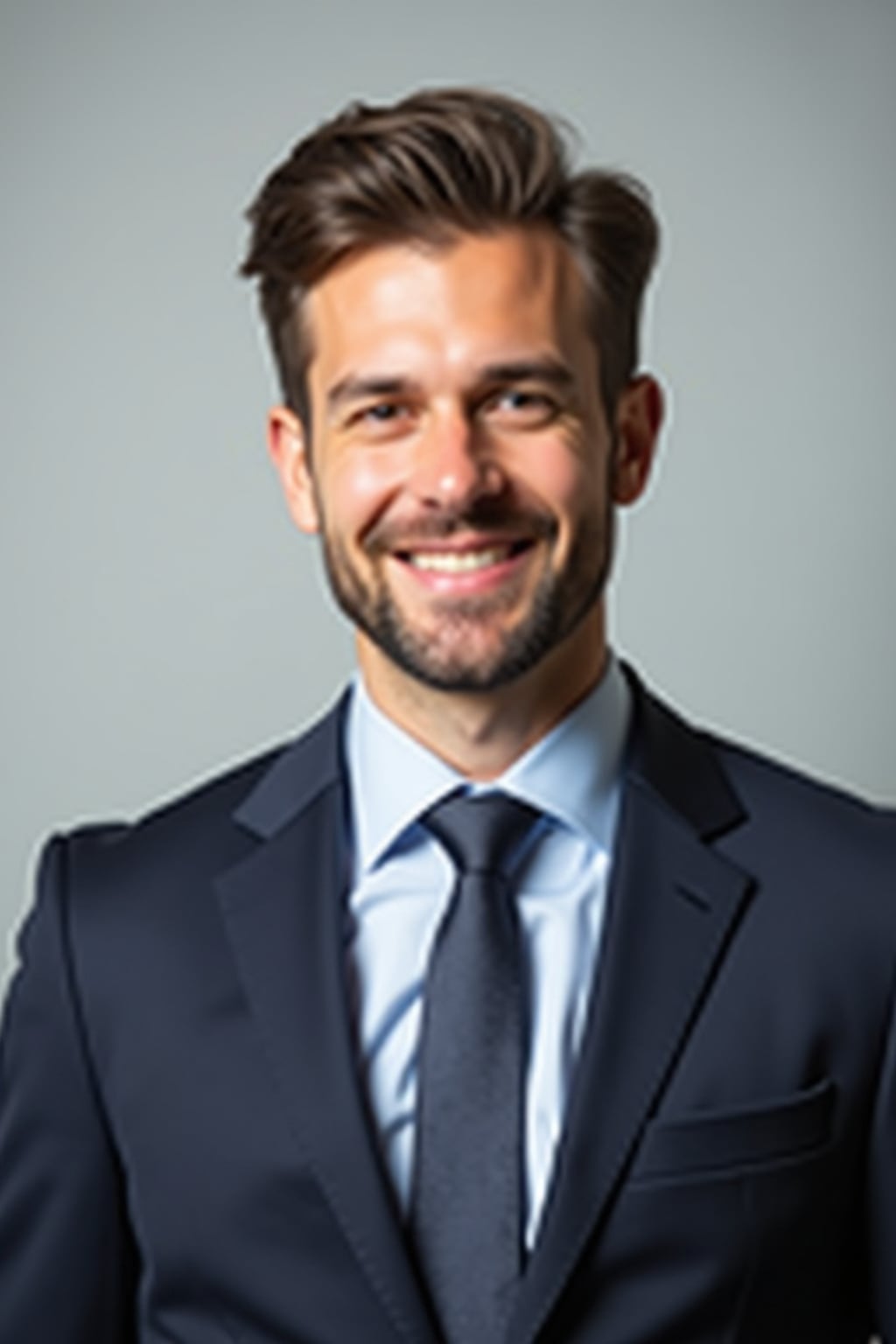 A professional real estate agent headshot of a confident man, taken in a well-lit studio with a plain backdrop. The man is dressed in  a sharp suit with a neat tie and a confident expression. The lighting is soft and even, highlighting their facial features with a professional and approachable expression. The focus is sharp, capturing the man's eyes and engaging smile, creating a perfect headshot for real estate listings and professional profiles.
