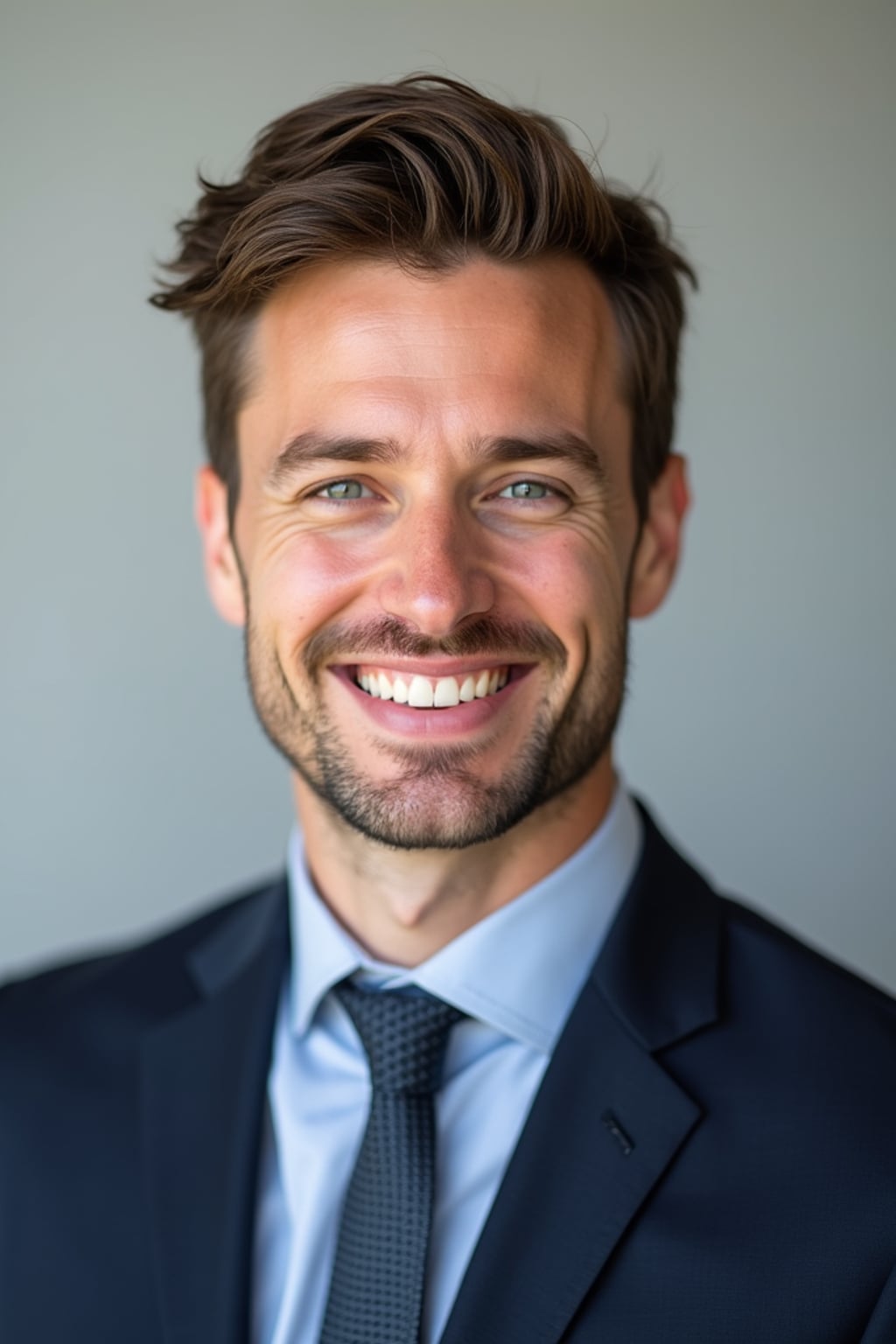 A professional real estate agent headshot of a confident man, taken in a well-lit studio with a plain backdrop. The man is dressed in  a sharp suit with a neat tie and a confident expression. The lighting is soft and even, highlighting their facial features with a professional and approachable expression. The focus is sharp, capturing the man's eyes and engaging smile, creating a perfect headshot for real estate listings and professional profiles.