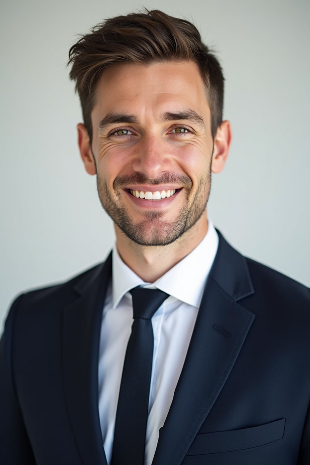 A professional real estate agent headshot of a confident man, taken in a well-lit studio with a plain backdrop. The man is dressed in  a sharp suit with a neat tie and a confident expression. The lighting is soft and even, highlighting their facial features with a professional and approachable expression. The focus is sharp, capturing the man's eyes and engaging smile, creating a perfect headshot for real estate listings and professional profiles.